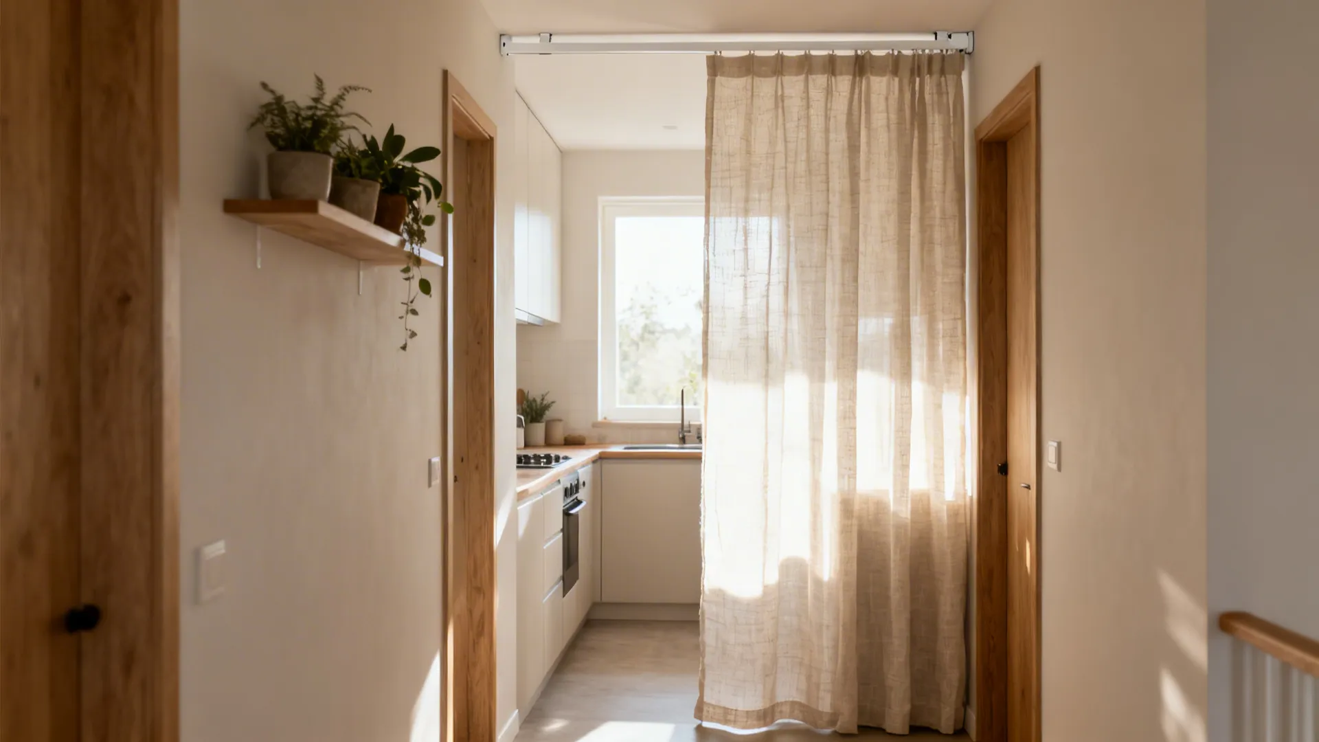 Sheer linen curtain on a ceiling track softly separating a small hall from a bright galley kitchen.