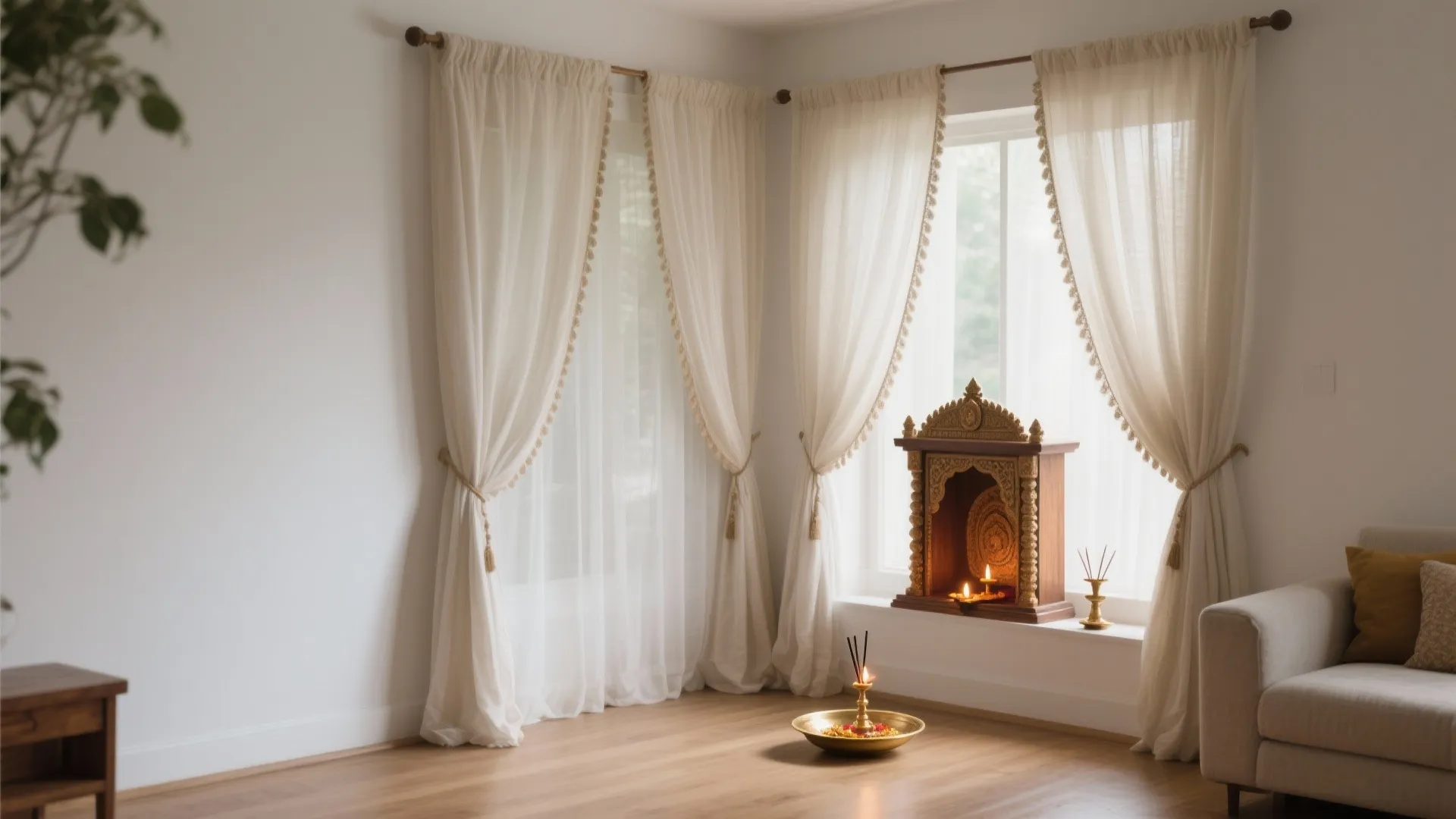 Bright corner room with white curtains wooden cabinet oil lamps incense and neutral colored lounge sofa