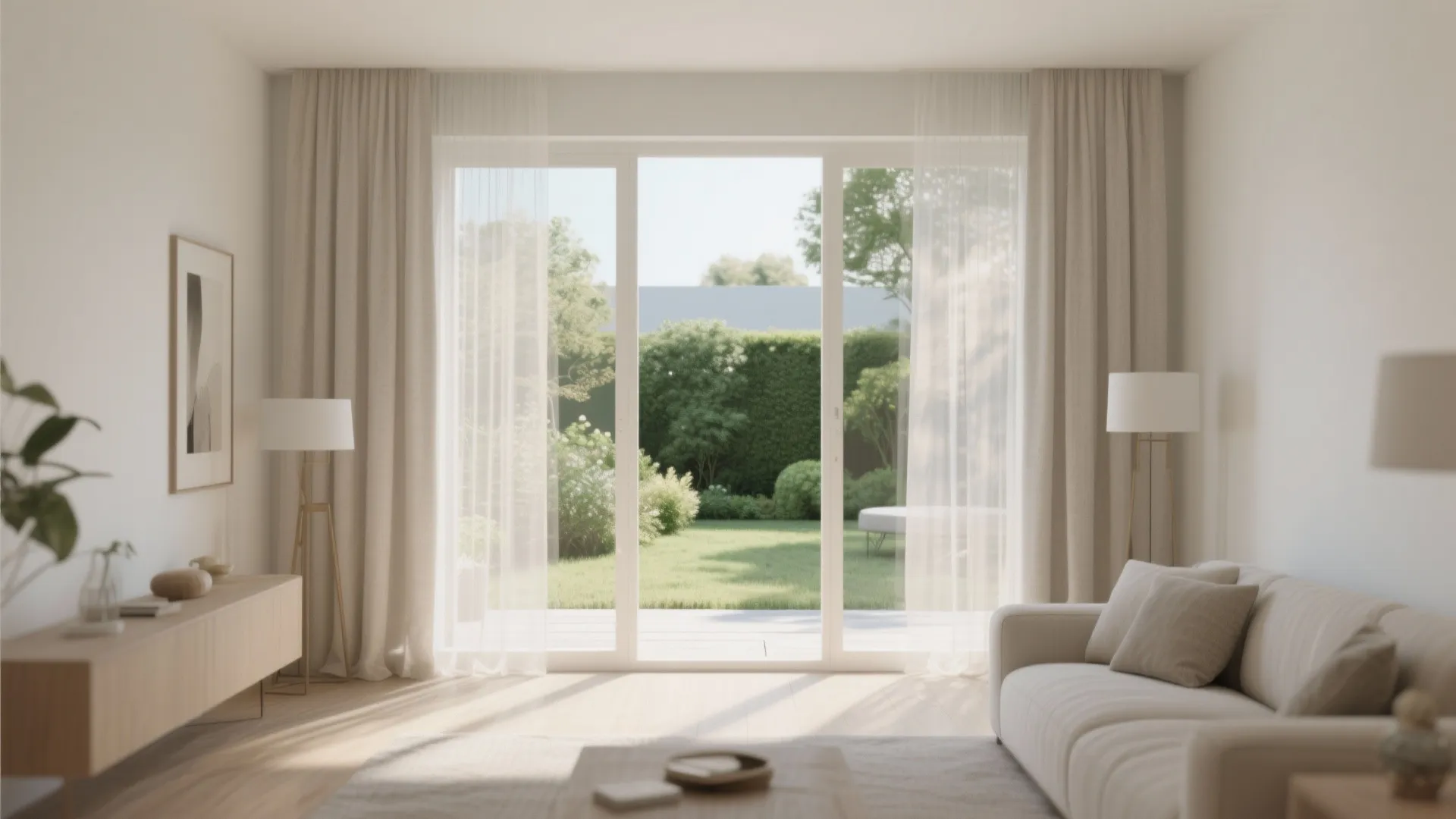 Bright living room with sheer white curtains glass doors showing a green garden and lawn