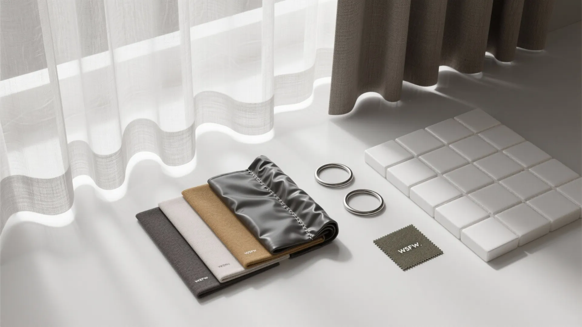 Collection of curtain fabric samples with white tiles and silver rings on a bright table