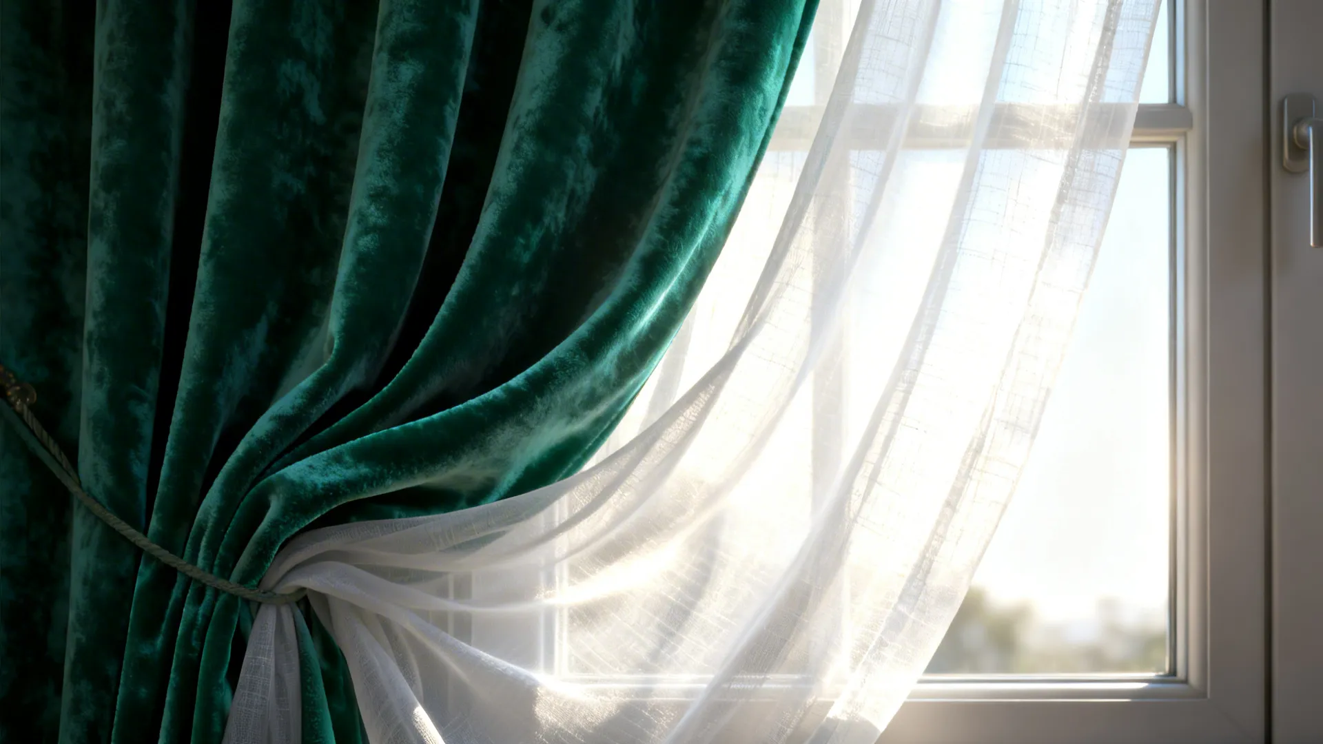 Layered emerald velvet curtain with a sheer white liner softly lit by daylight.