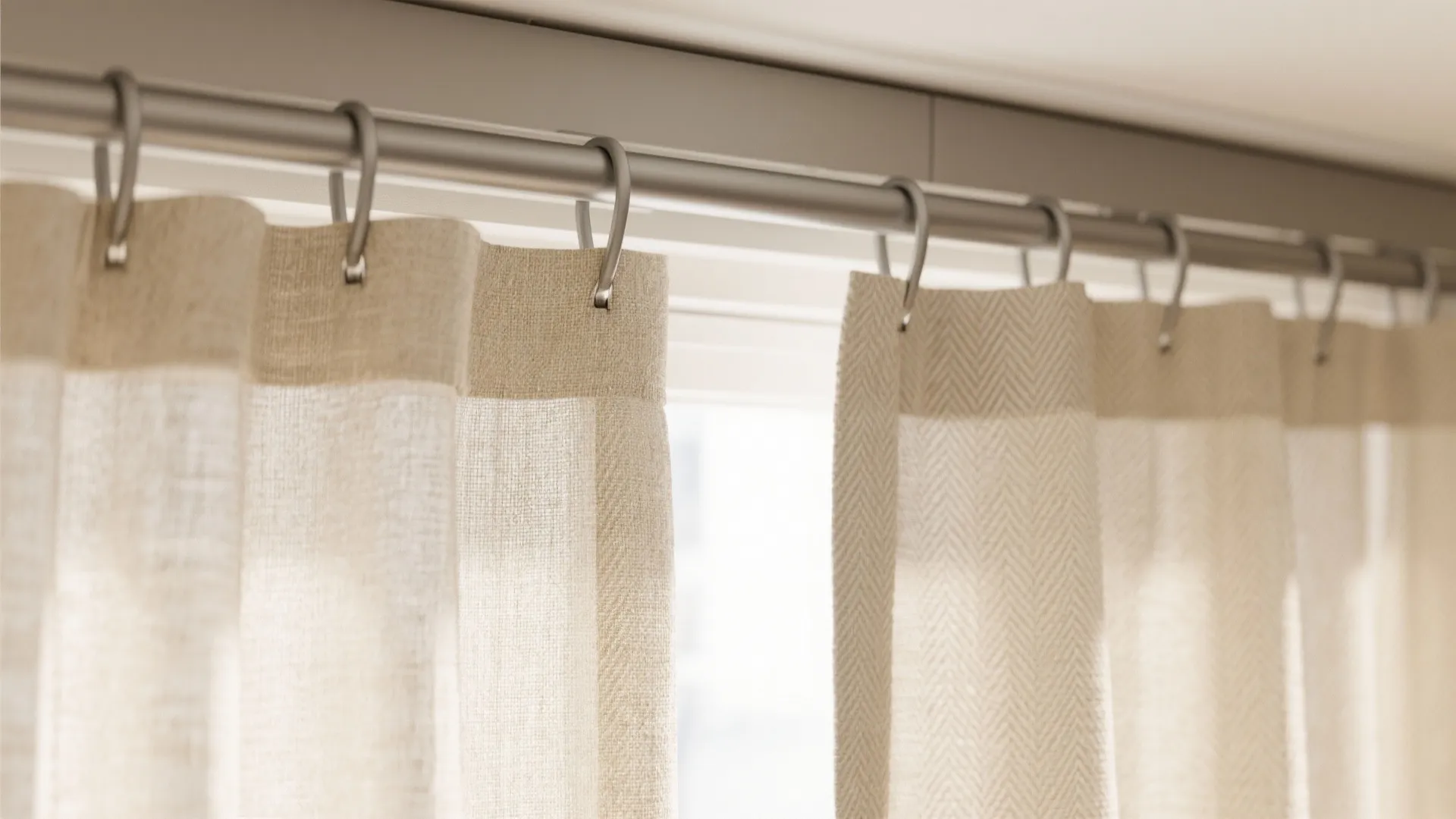 Beige fabric curtains hanging from a metal rod with small silver rings near a window