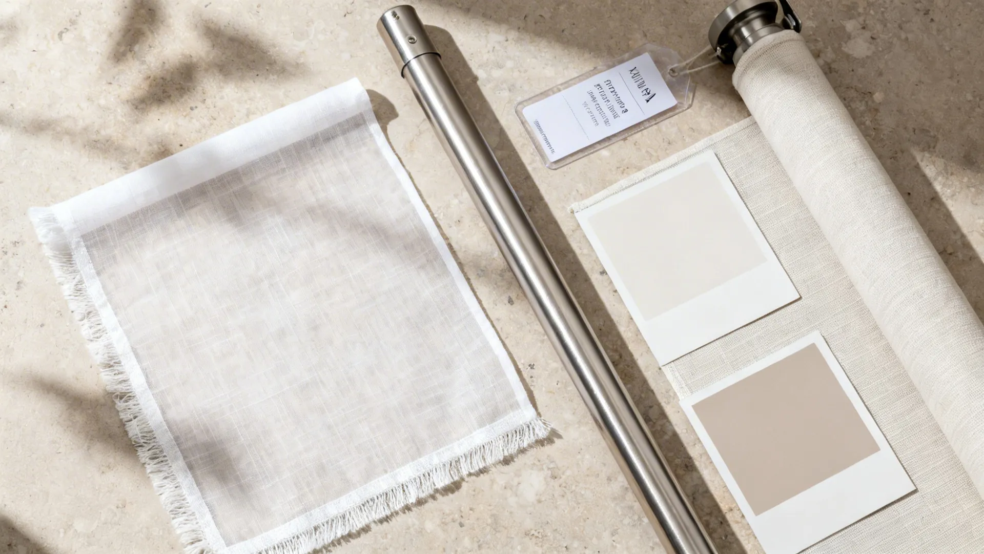 Flatlay of sheer linen, performance fabric, roller shade cloth, and neutral paint chips.