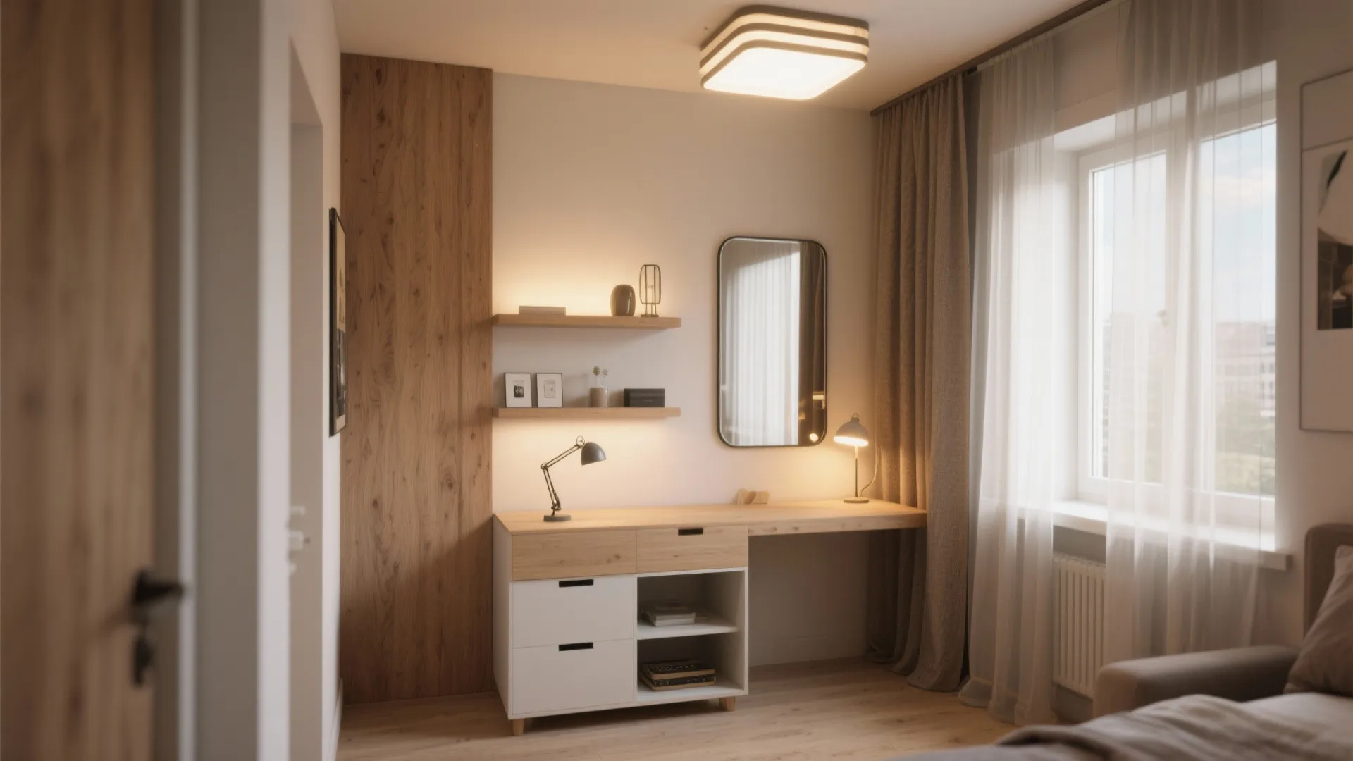 Modern home office with wooden desk white cabinet wall mirror ceiling light and large window