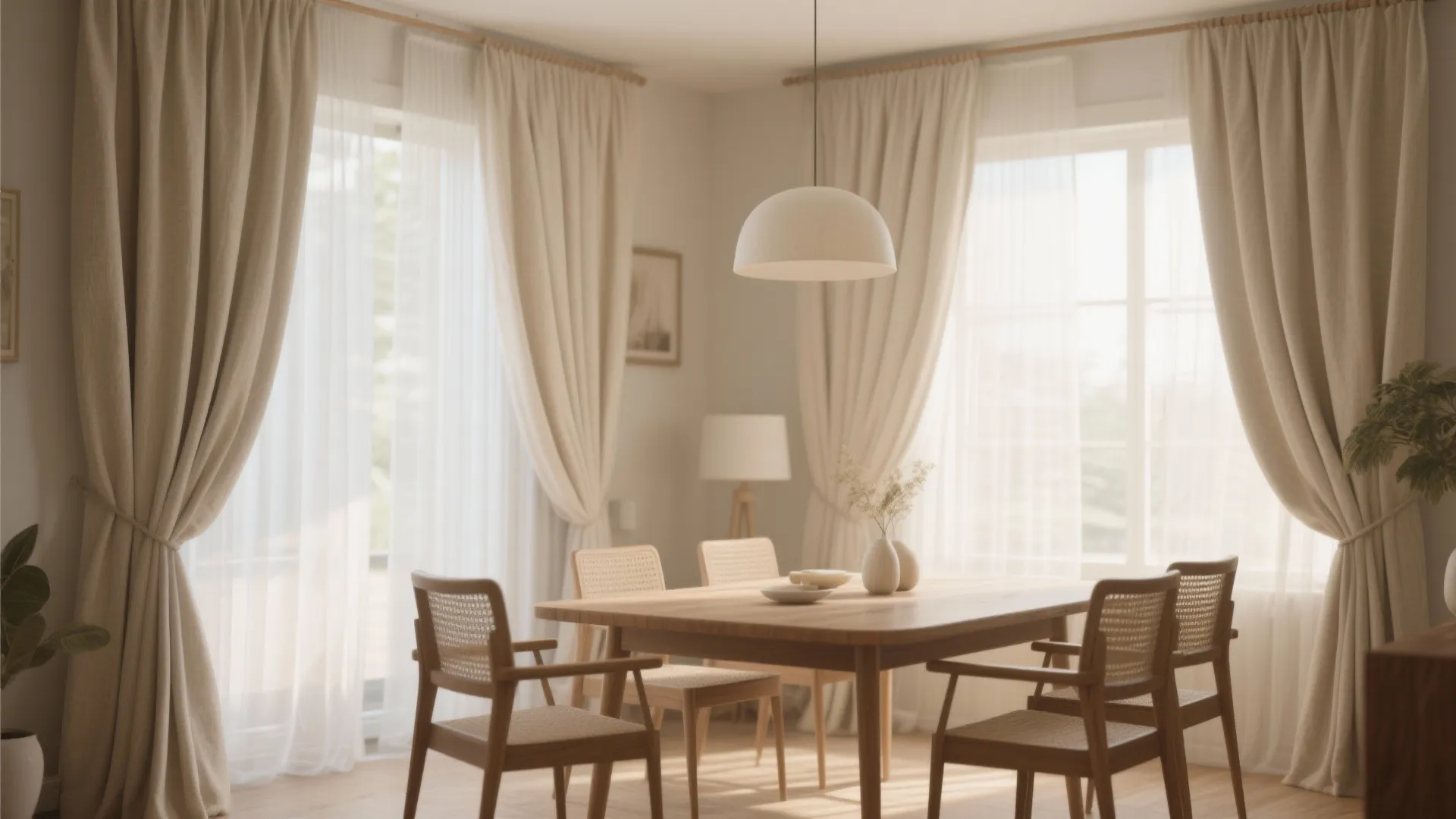 Minimalist dining room with light wood table rattan chairs white curtains and simple ceiling light