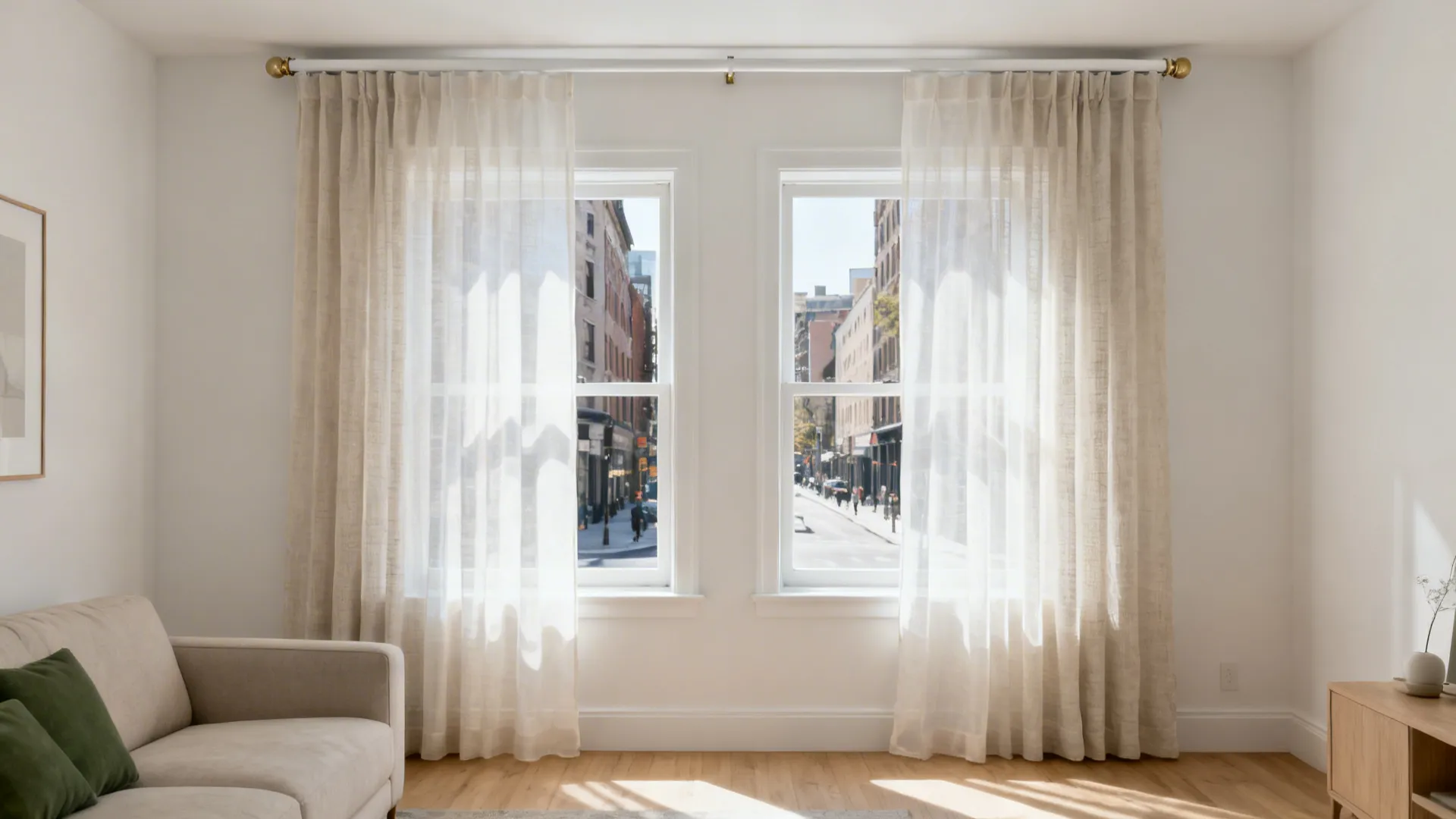 Bright living room featuring two windows with thin beige curtains showing a busy city street view