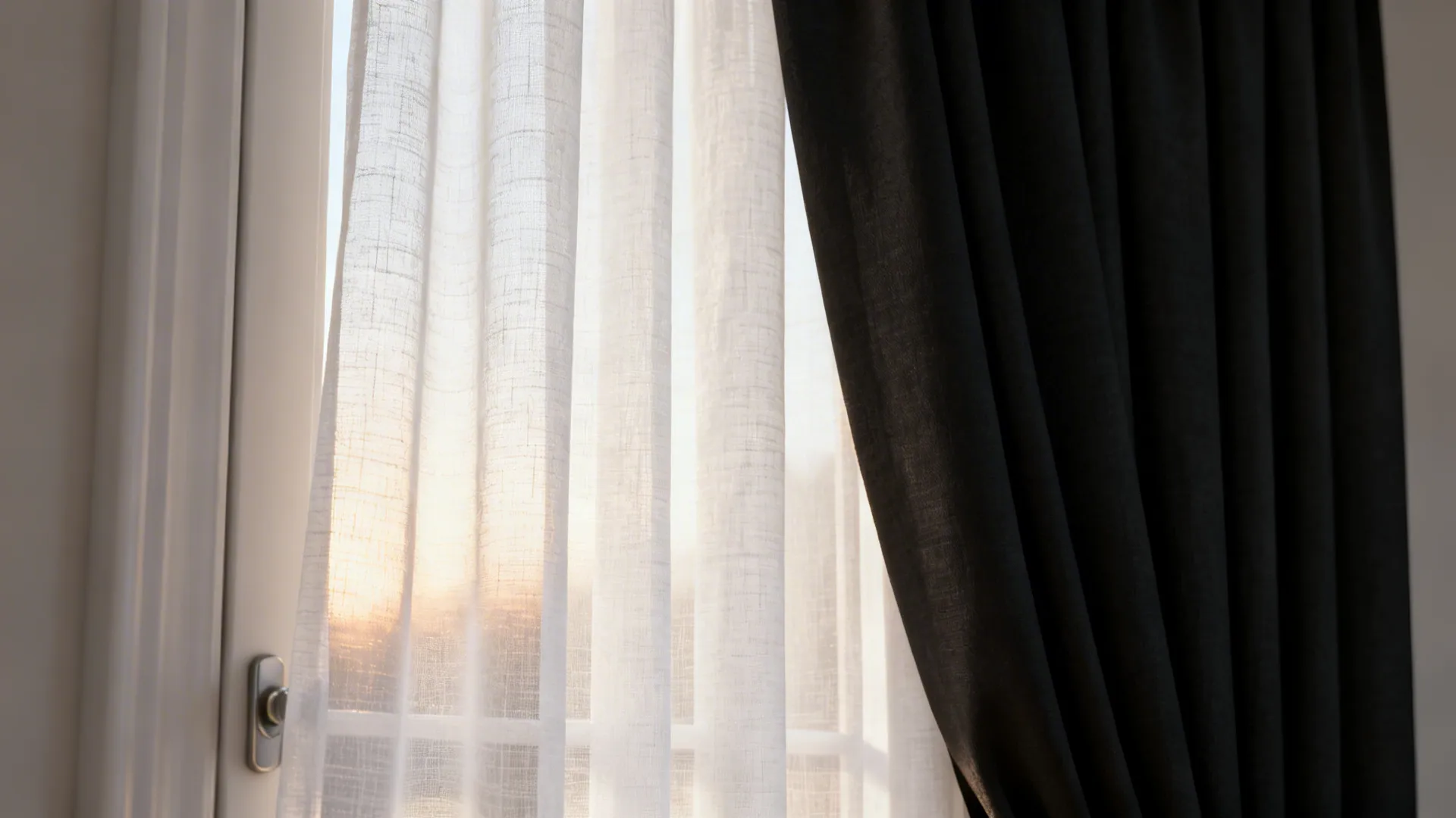 Close-up of white sheer layered behind a heavyweight black blackout drape showing fabric textures