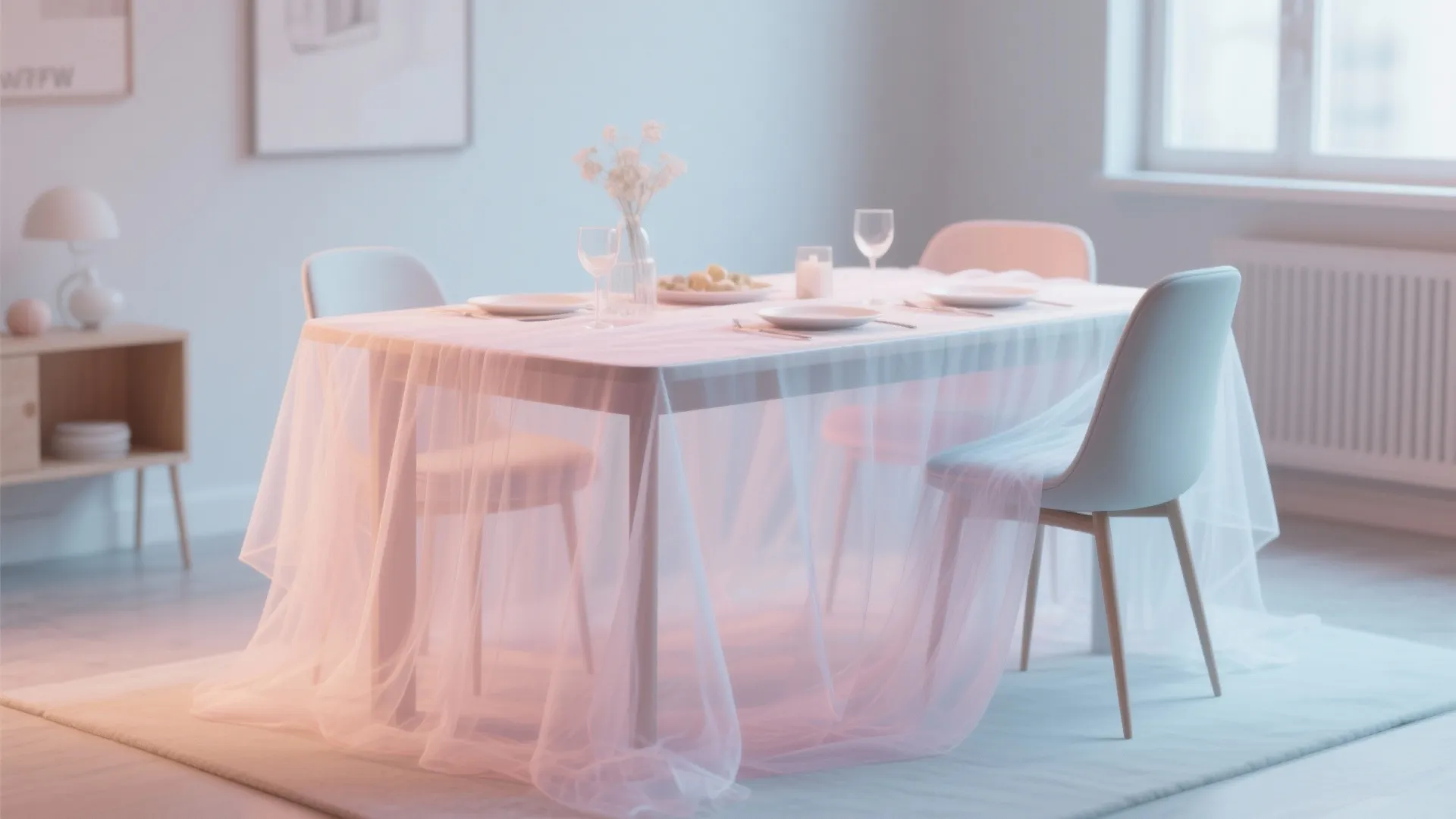 Sheer organza layered over pastel tablecloth in cozy dining area