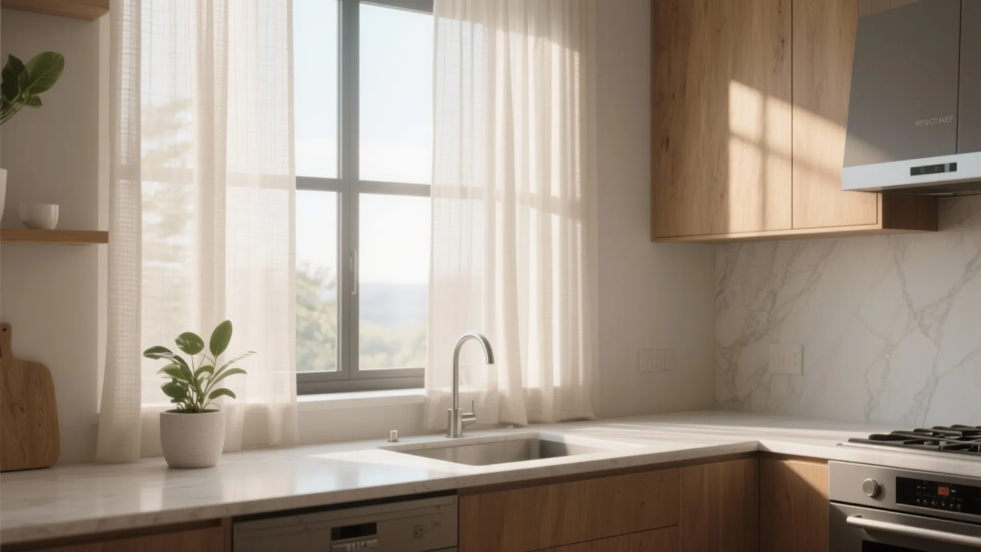 Modern kitchen with wood cabinets marble countertop white sink area and light curtains over window