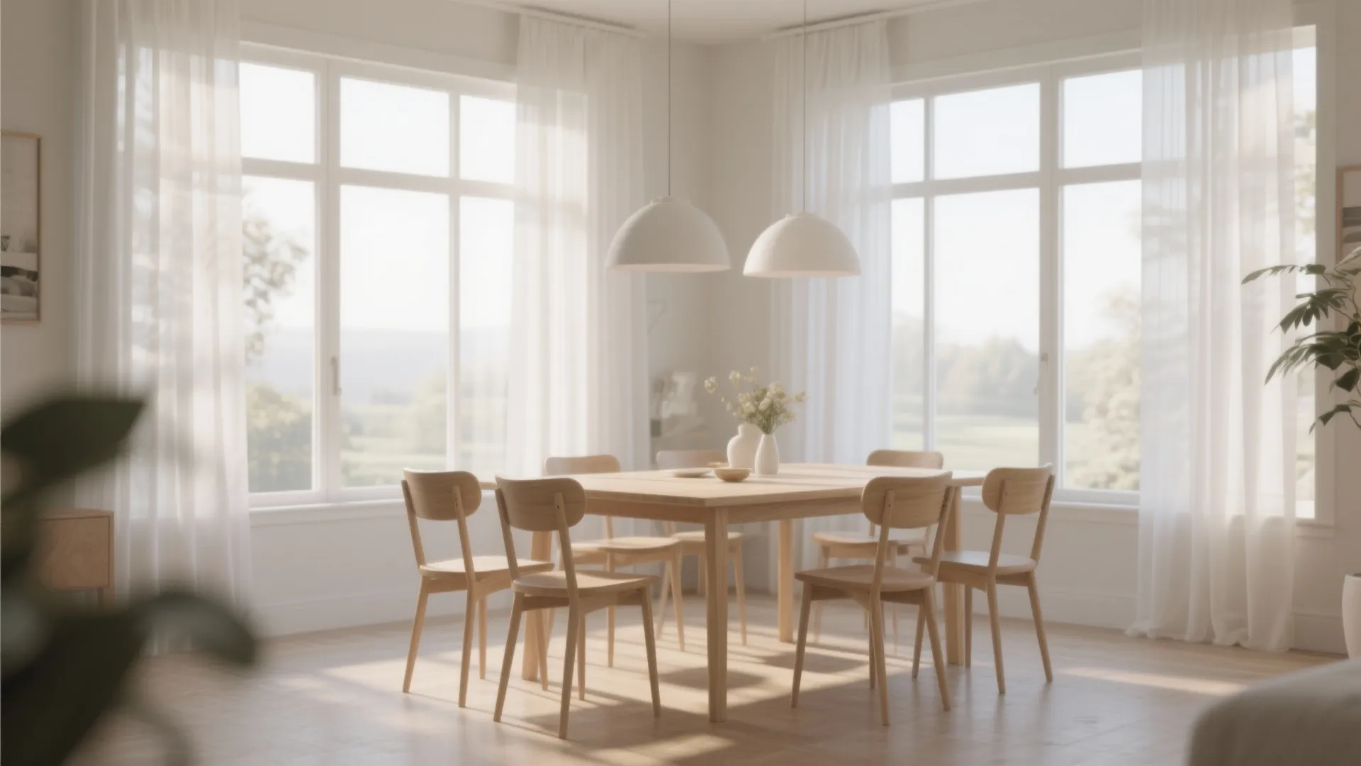 Bright dining room with wooden table chairs white curtain panels large windows and two ceiling lights