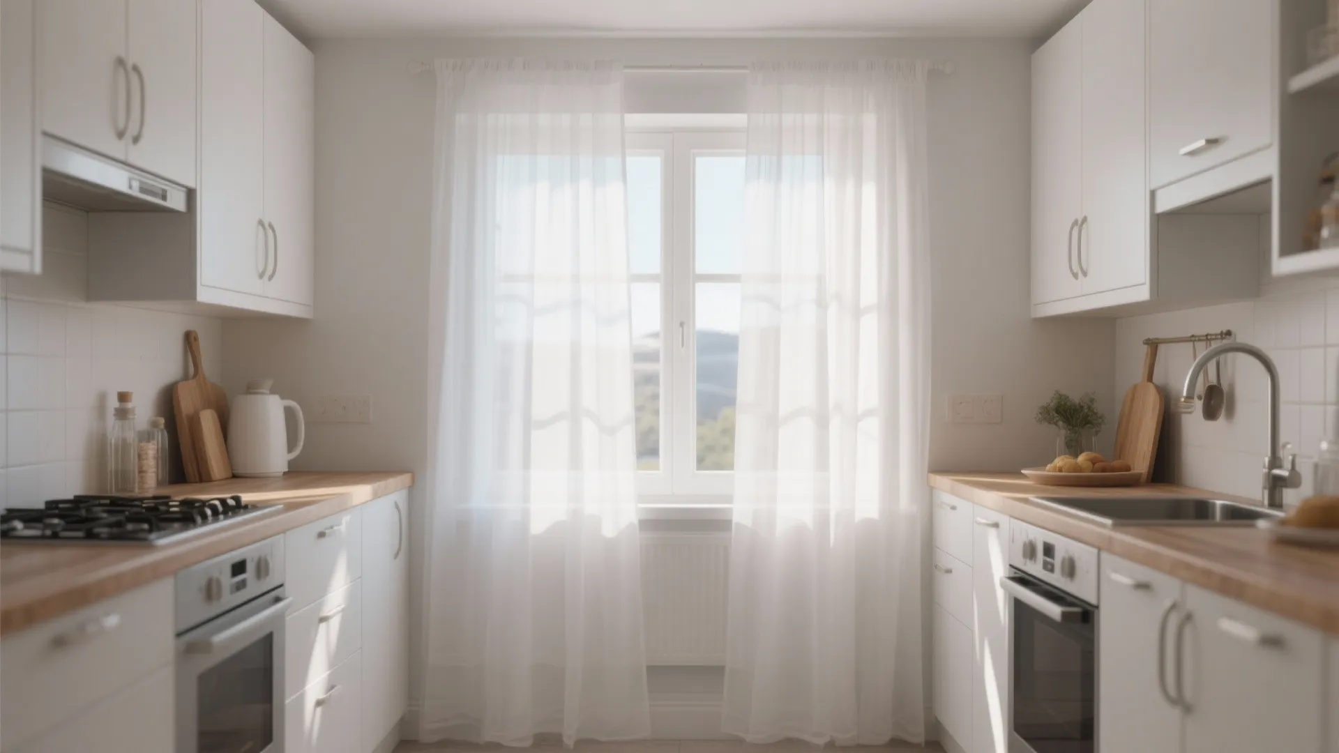 Modern white kitchen with wooden countertop white cabinets thin white curtains and natural sunlight indoor