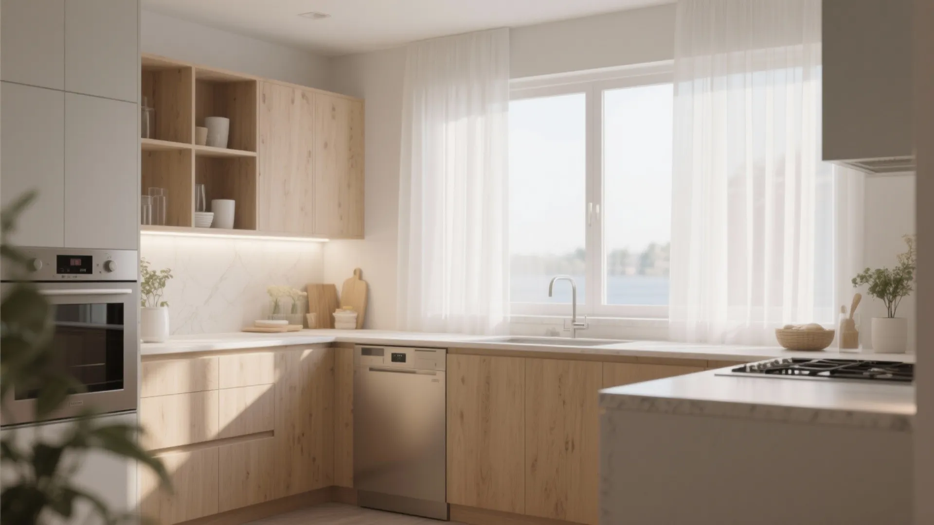 Bright airy kitchen with sheer white window panels