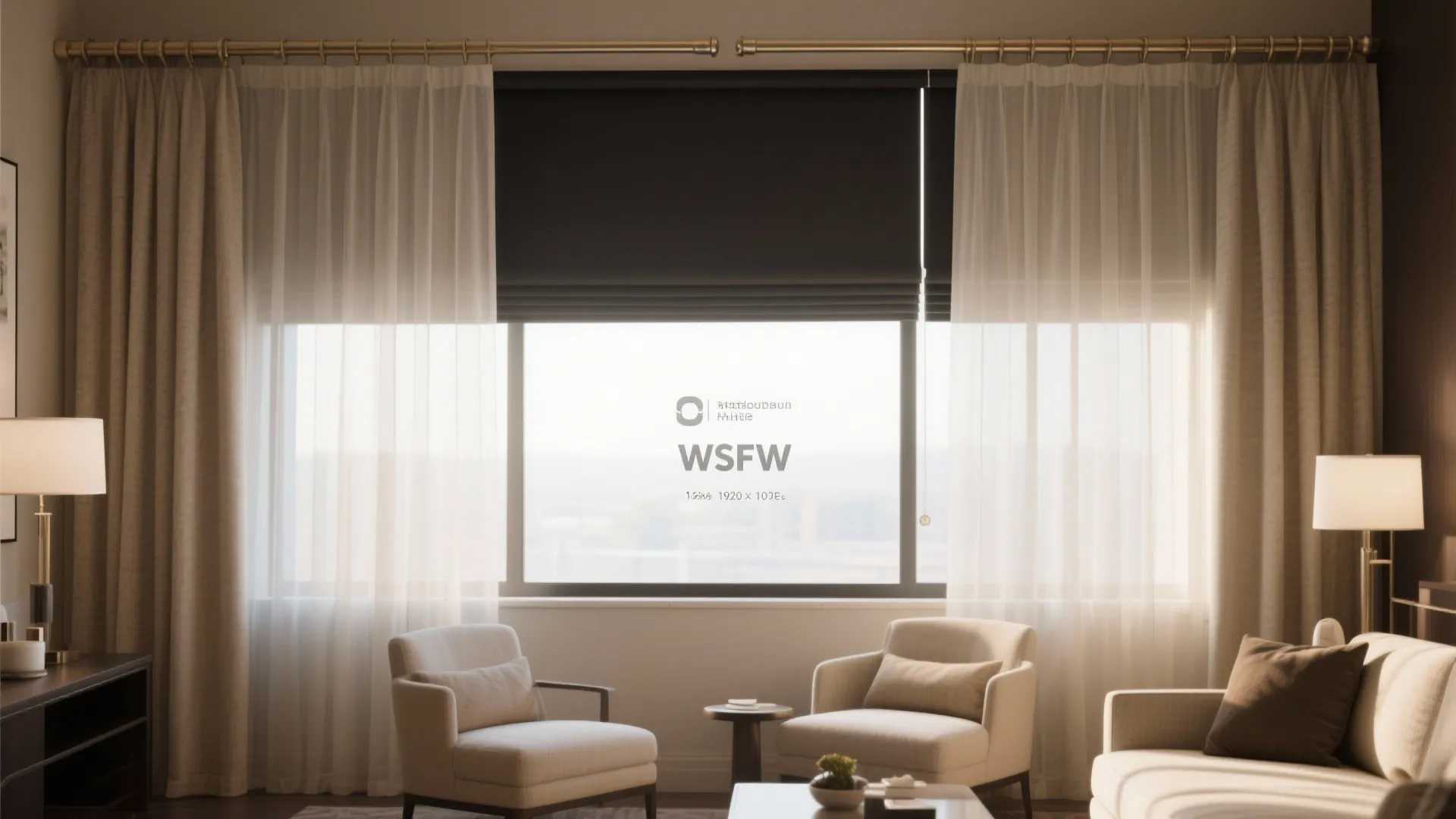 Cozy living room with beige curtains white sheer layers two armchairs and floor lamp lighting