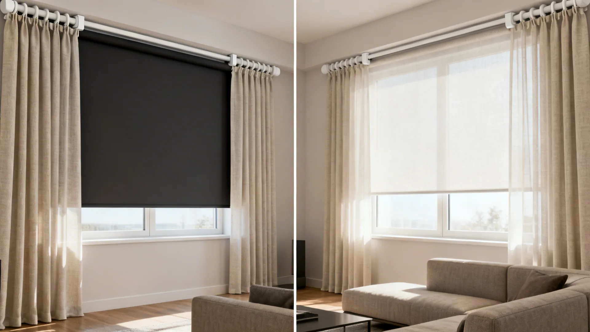 Comparison showing a dark blackout window shade versus a light thin curtain in a sunny room