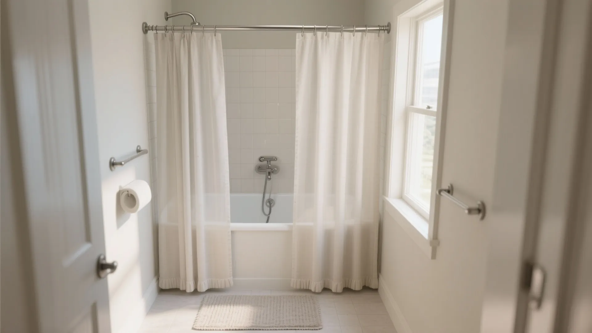 Two-layer bathroom curtain with sheer outer panel and weighted privacy liner in a small tub alcove.