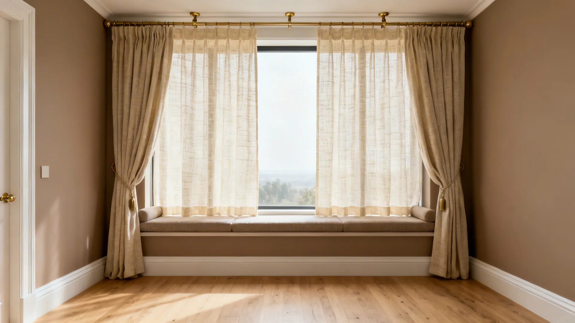 Large window with light curtains and a built in window seat in a brown painted room
