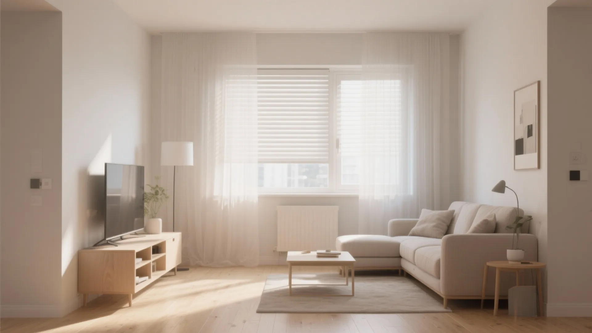 Bright apartment living room with sheer roller blinds