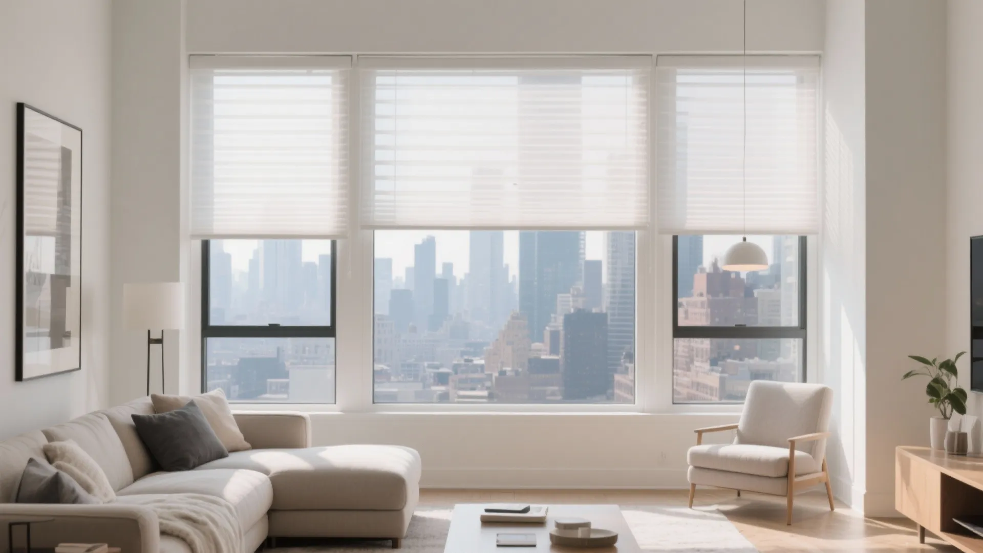 City apartment living room with sheer roller blinds filtering light