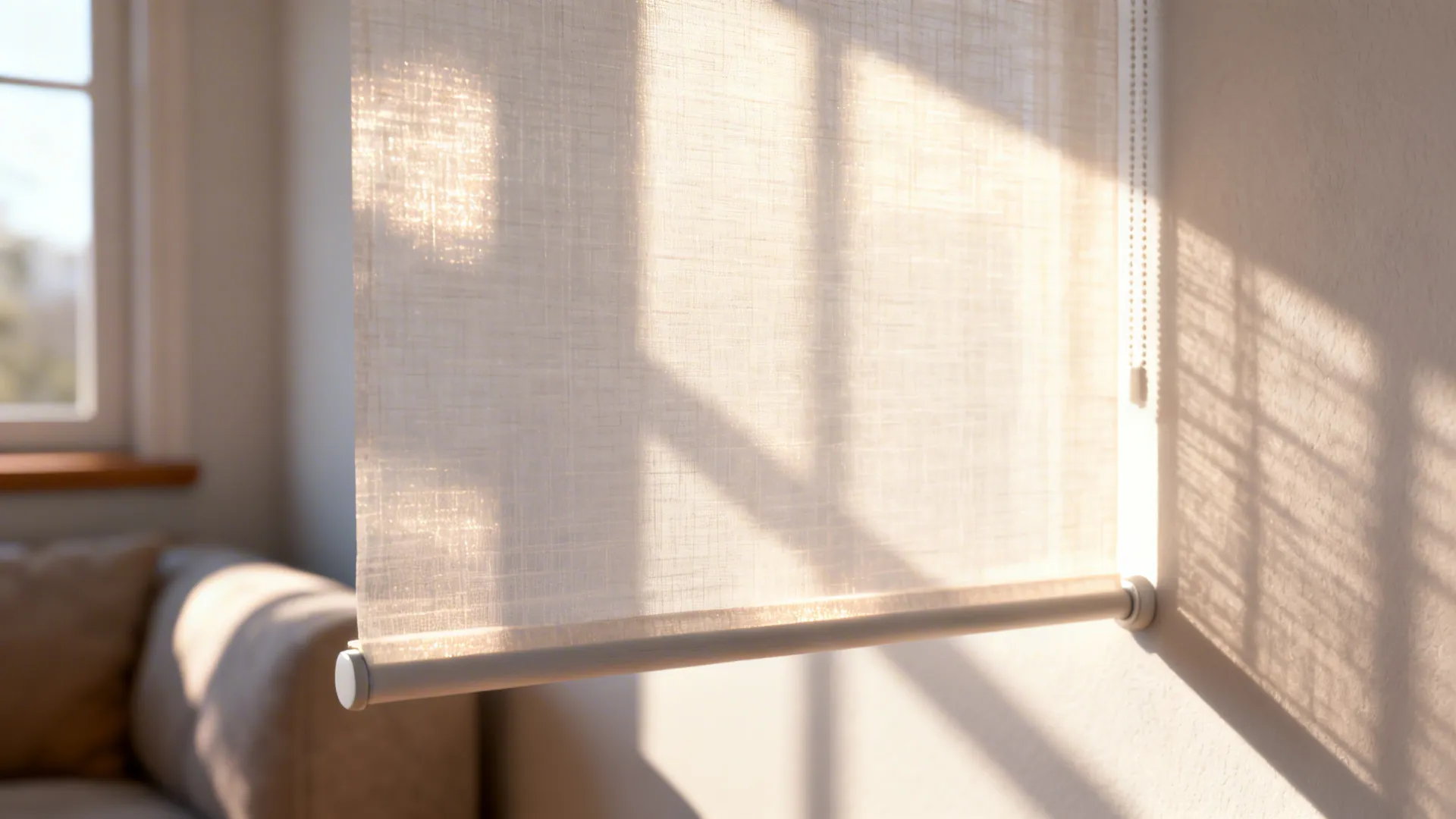 Close-up of a sheer roller blind filtering sunlight, showing fabric texture and soft shadows.
