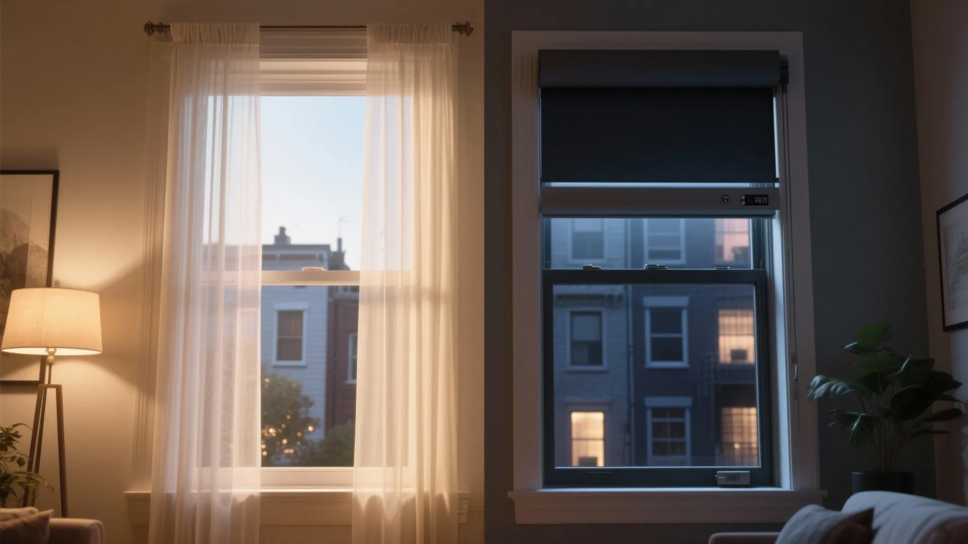 Sheer Panels + Roller Combo — Airy by day, private by night