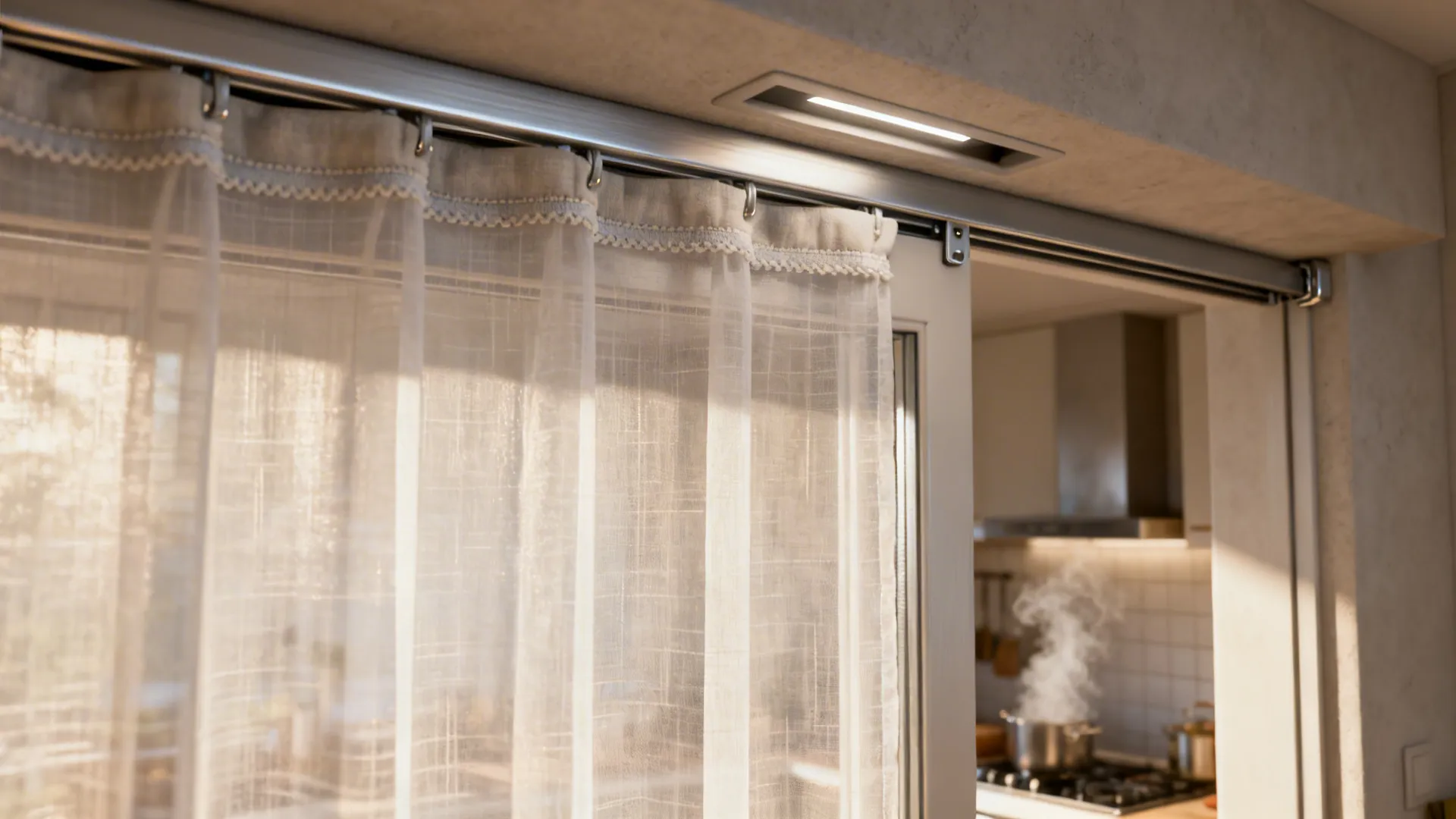 Sheer curtain fabric with a slim hidden roller shade above a sliding door