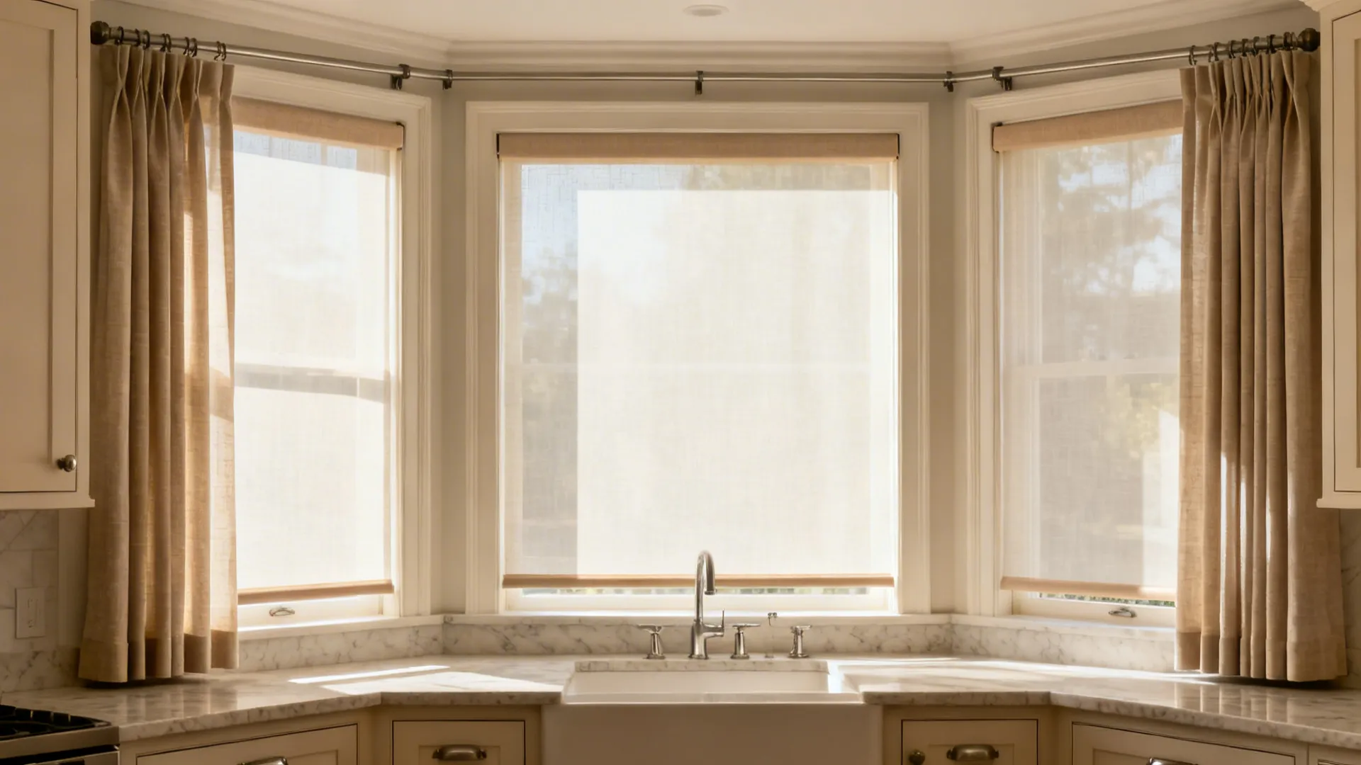 Sheer roller shades with ceiling-mounted stationary drapery framing a kitchen bay.