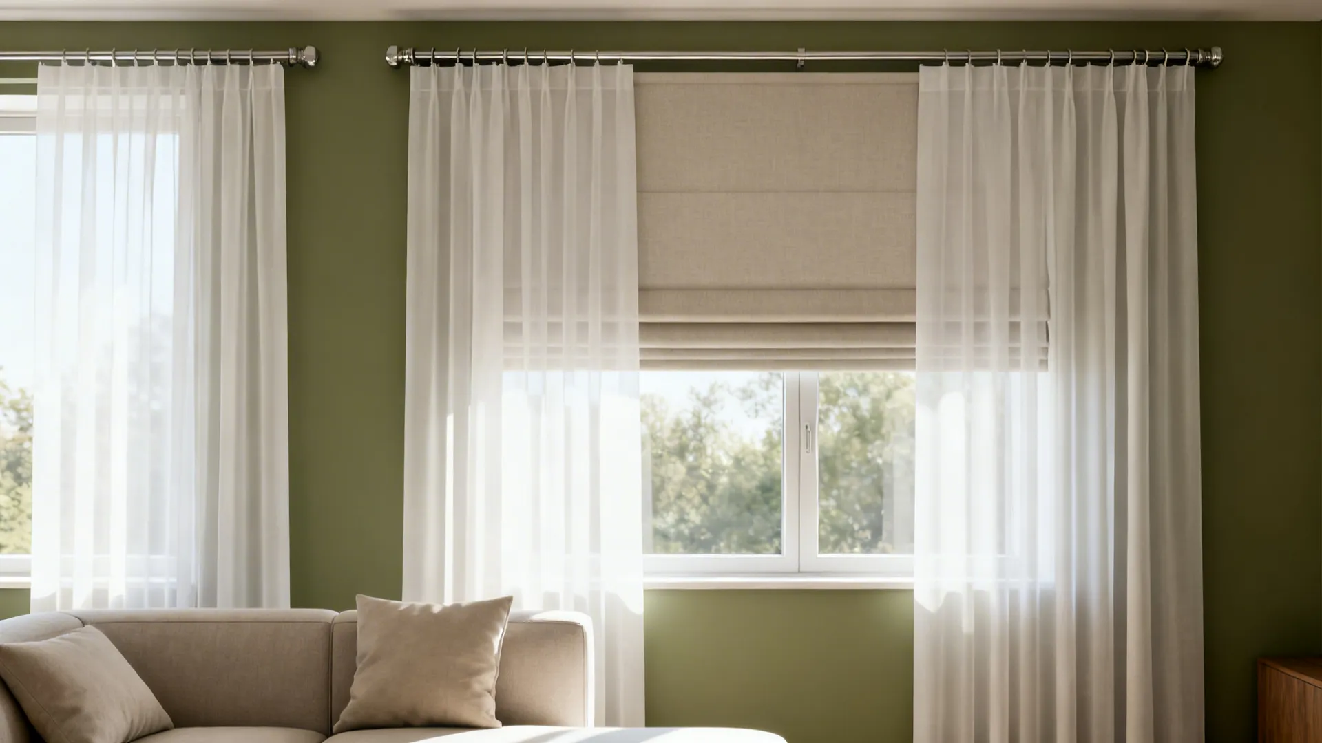 Green wall living room featuring white sheer curtains with a beige roman shade over window