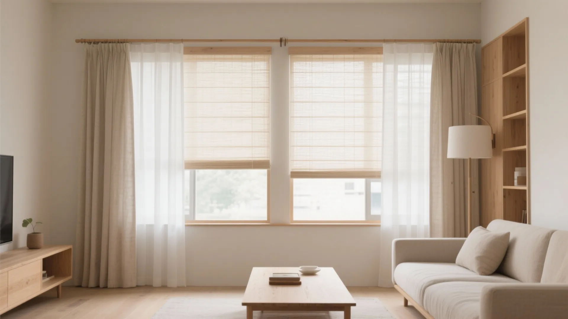 Sheer Roman shades with tailored side panels bring balance and soft light to a modern living room.