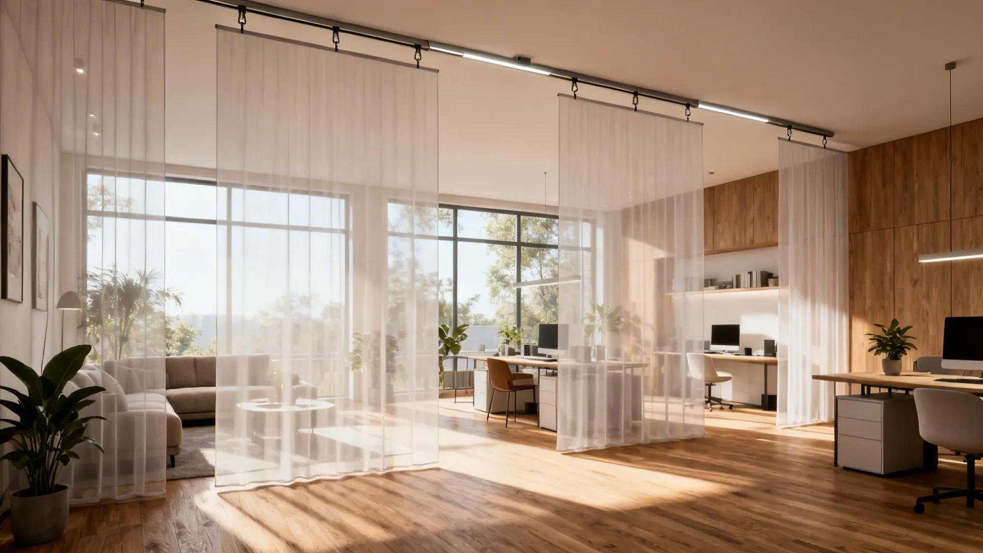 Open-plan studio with suspended sheer panels creating soft zones between living area and workspace
