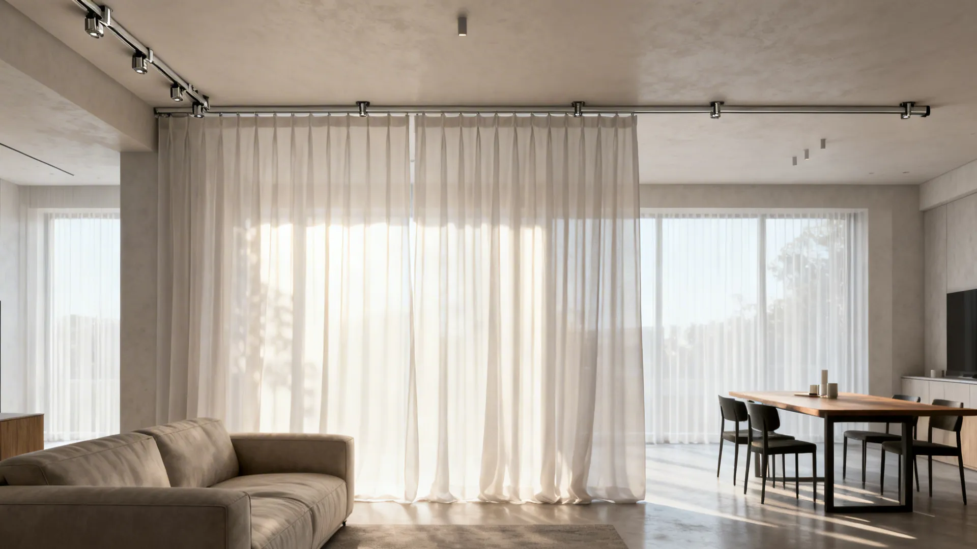 Open-plan studio with a ceiling-mounted sheer curtain dividing living and dining areas