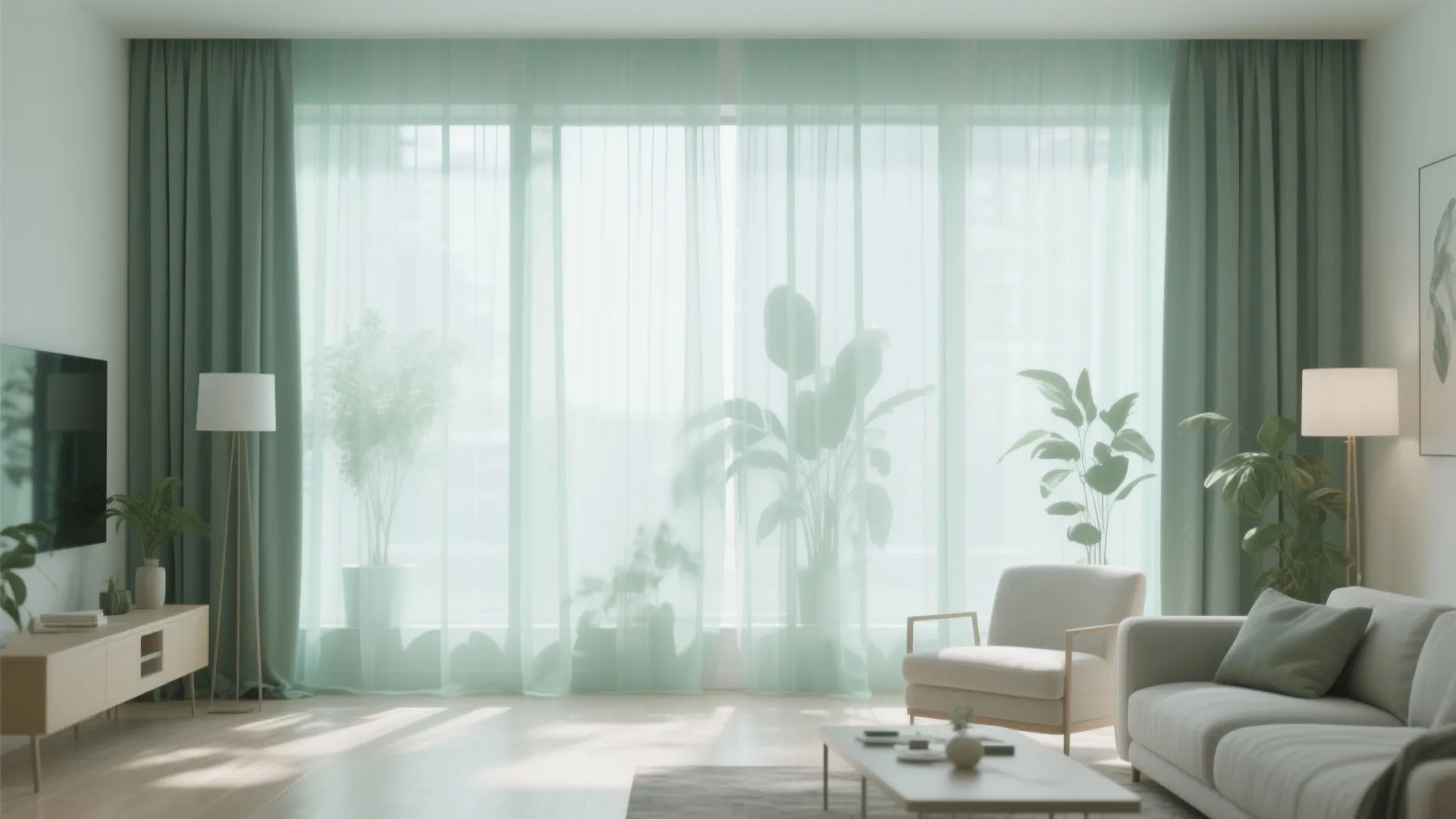 Modern living room featuring light green curtains large window white sofa armchair and potted plants