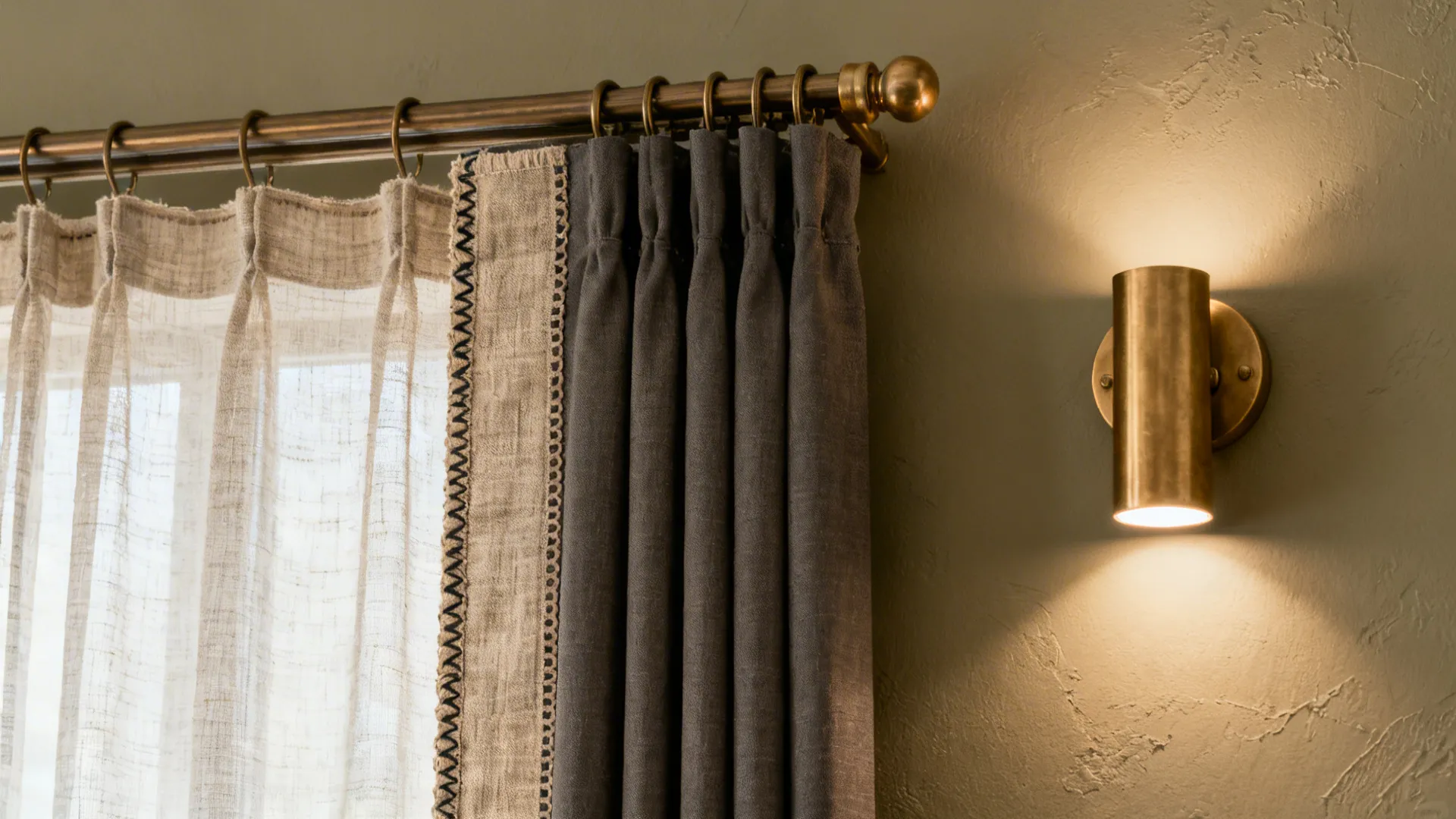 Macro view of sheer linen curtain and warm brass sconce on a greige wall.