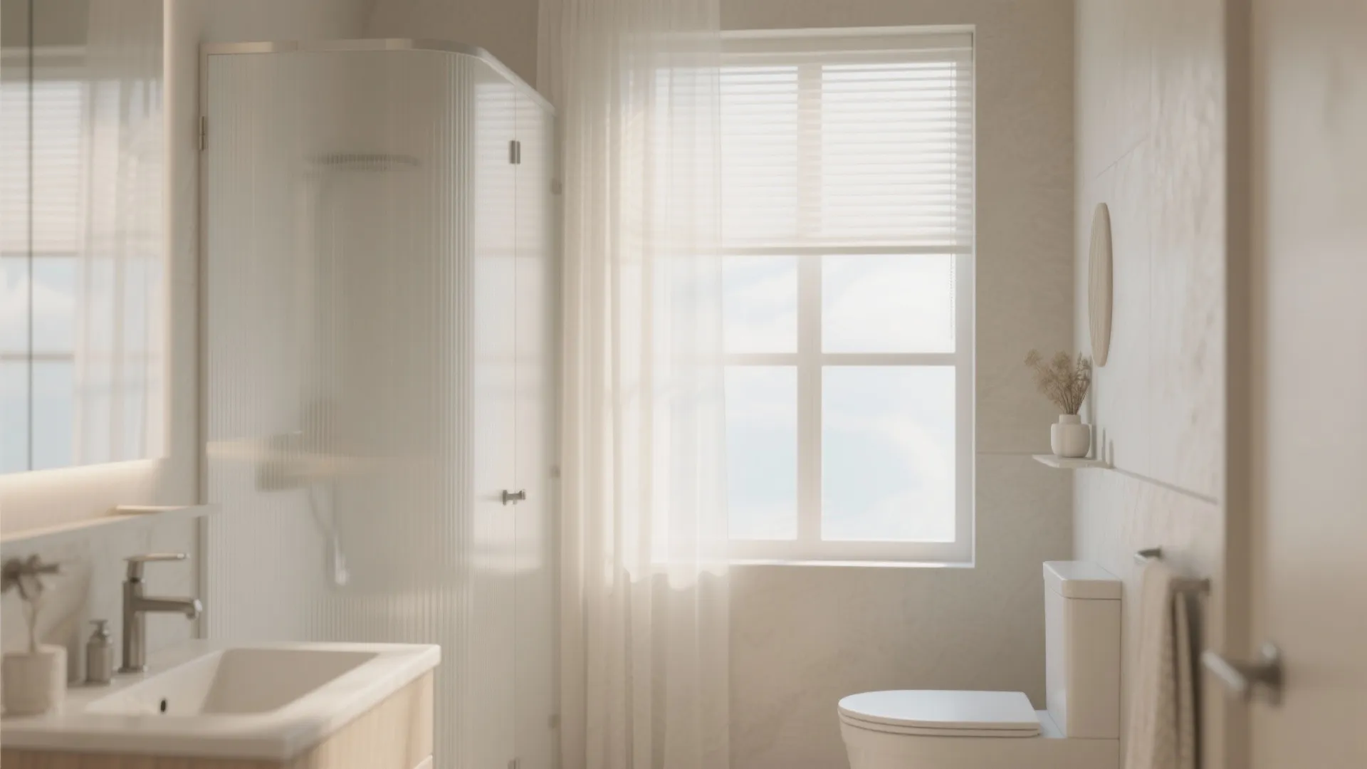 Bright bathroom featuring white toilet sink glass shower and window with sheer curtains and blinds