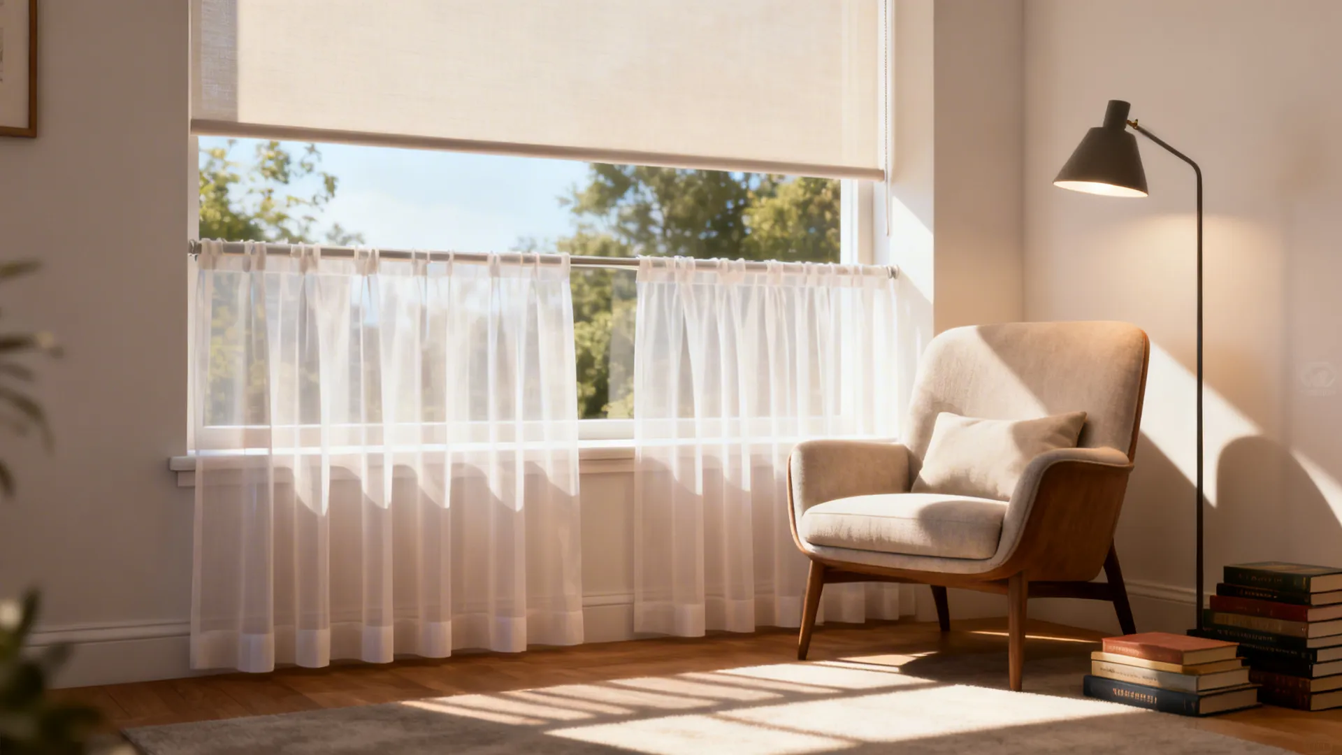 Sunlit reading nook with sheer short panels below the sill and a roller blind behind them.