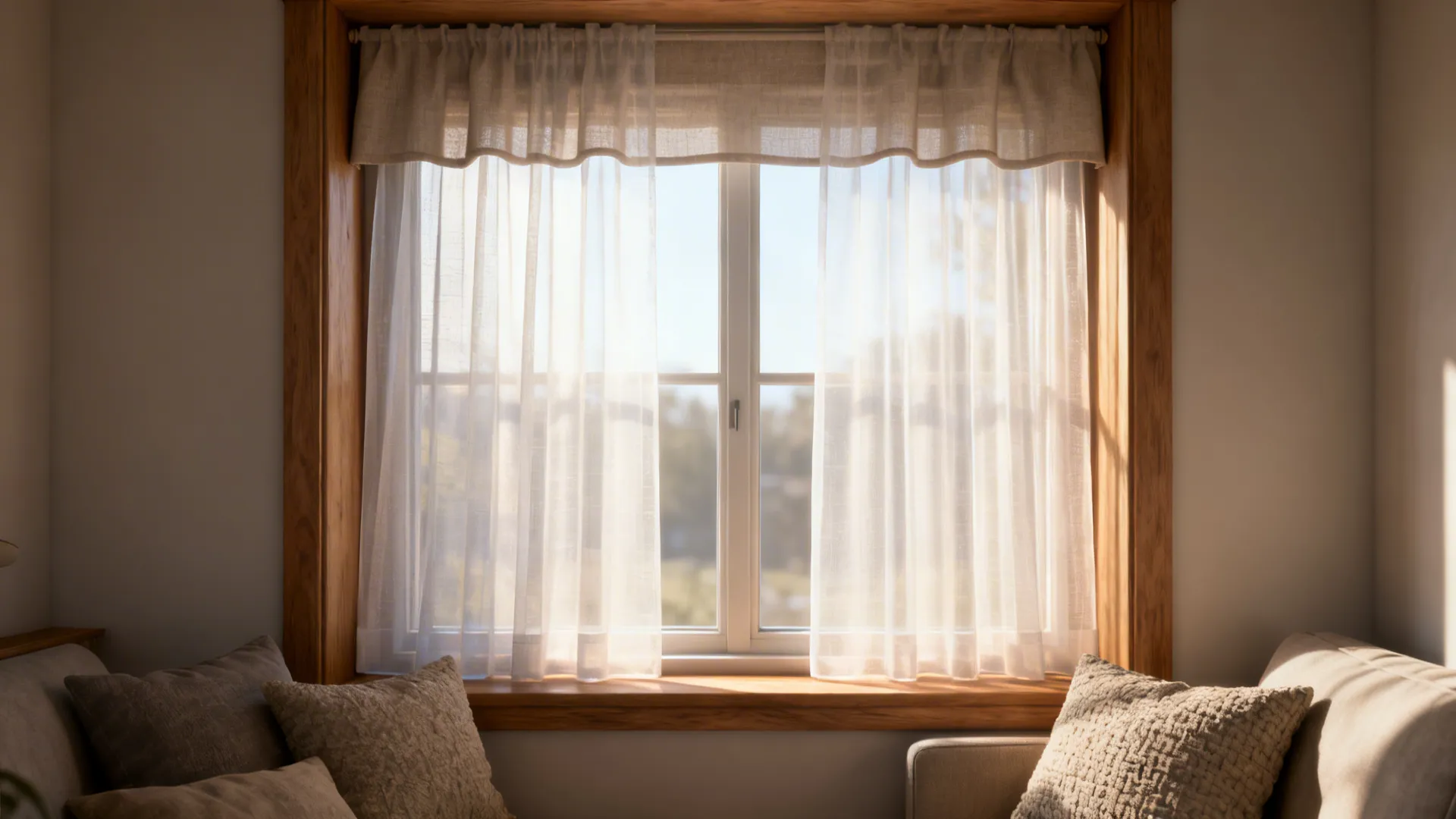 Bright sunlight through a window with white sheer curtains and a short top curtain above