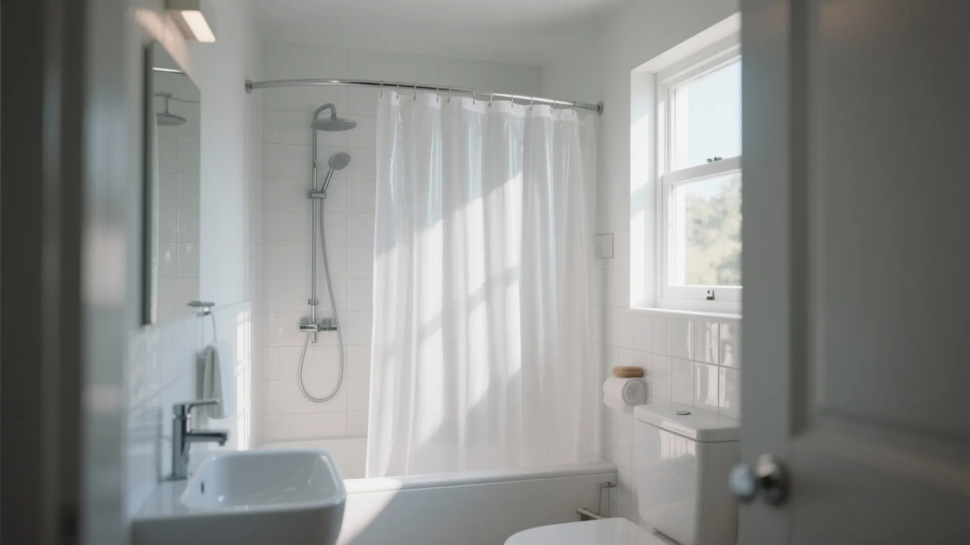 Bright white bathroom interior with sheer curtain on curved rod plus toilet and sink area