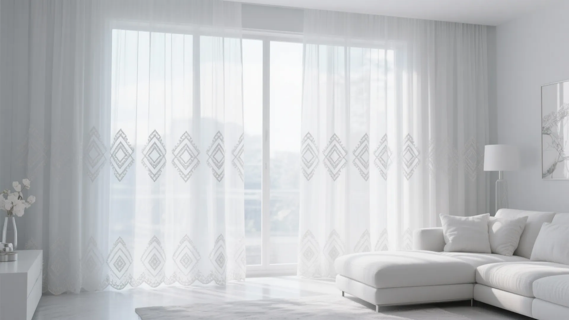 9. Sheer White Curtains with Silver Pattern