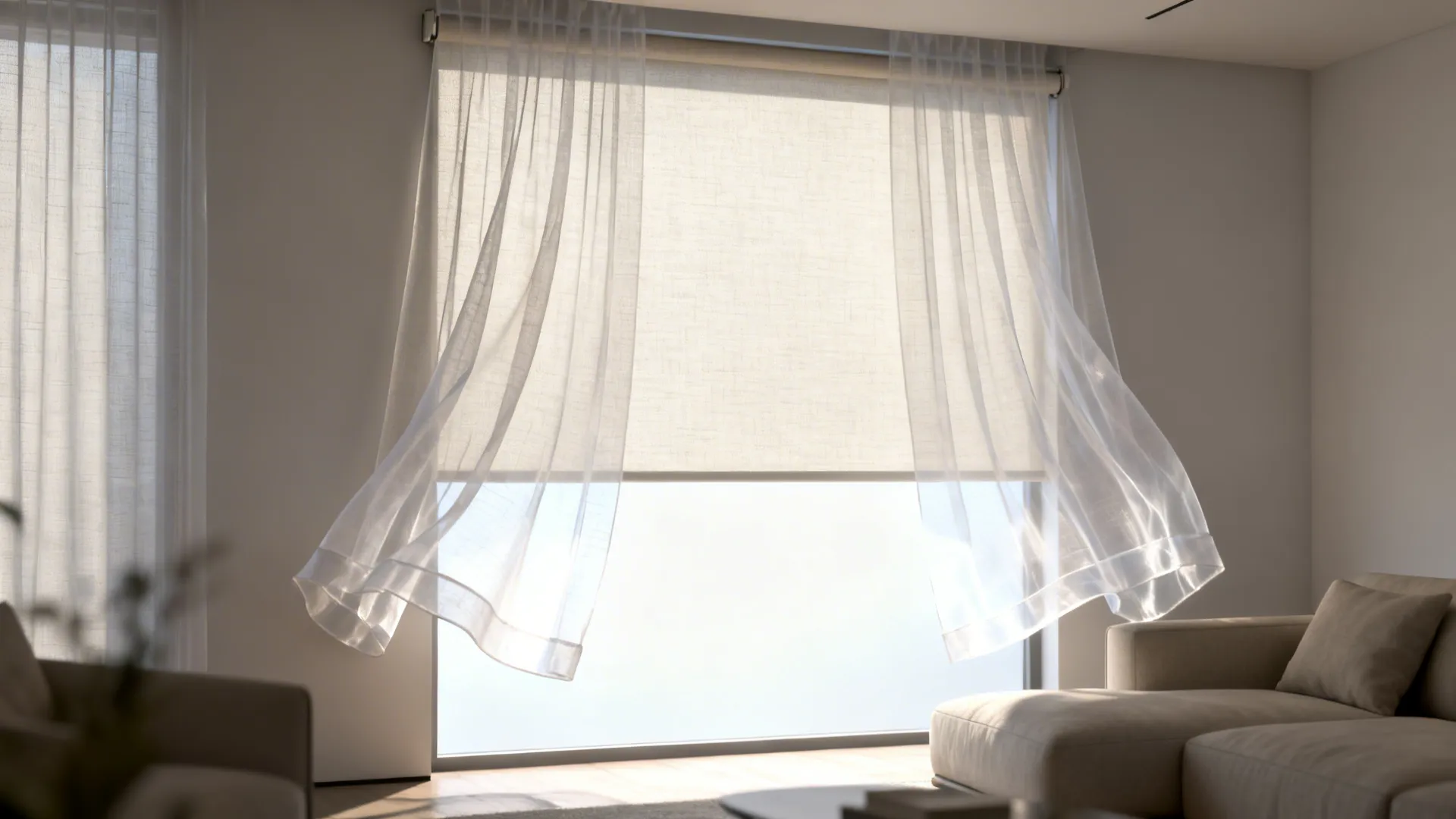 Sheer swag layered over a roller shade, soft daylight glowing through fabric