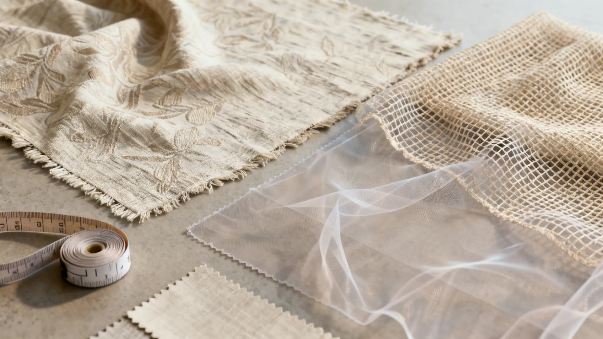 Flatlay of patterned and textured sheer fabric samples showing jacquard and slub linen weaves.