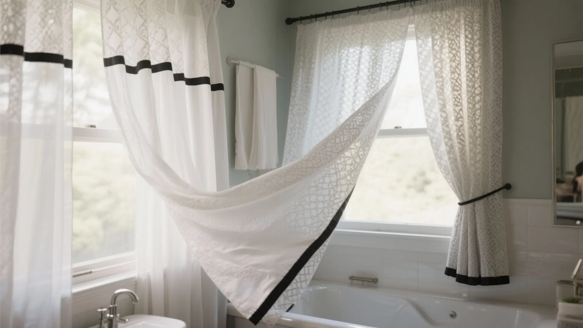 White sheer curtain with black trim blowing in wind above white bathtub and silver faucet