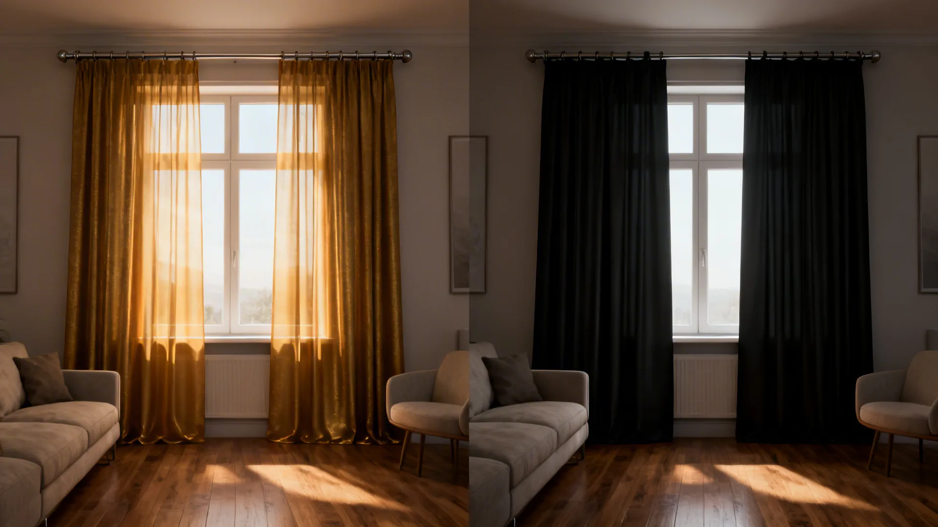 Before and after comparison of bright gold sheer curtains versus dark black curtains in room