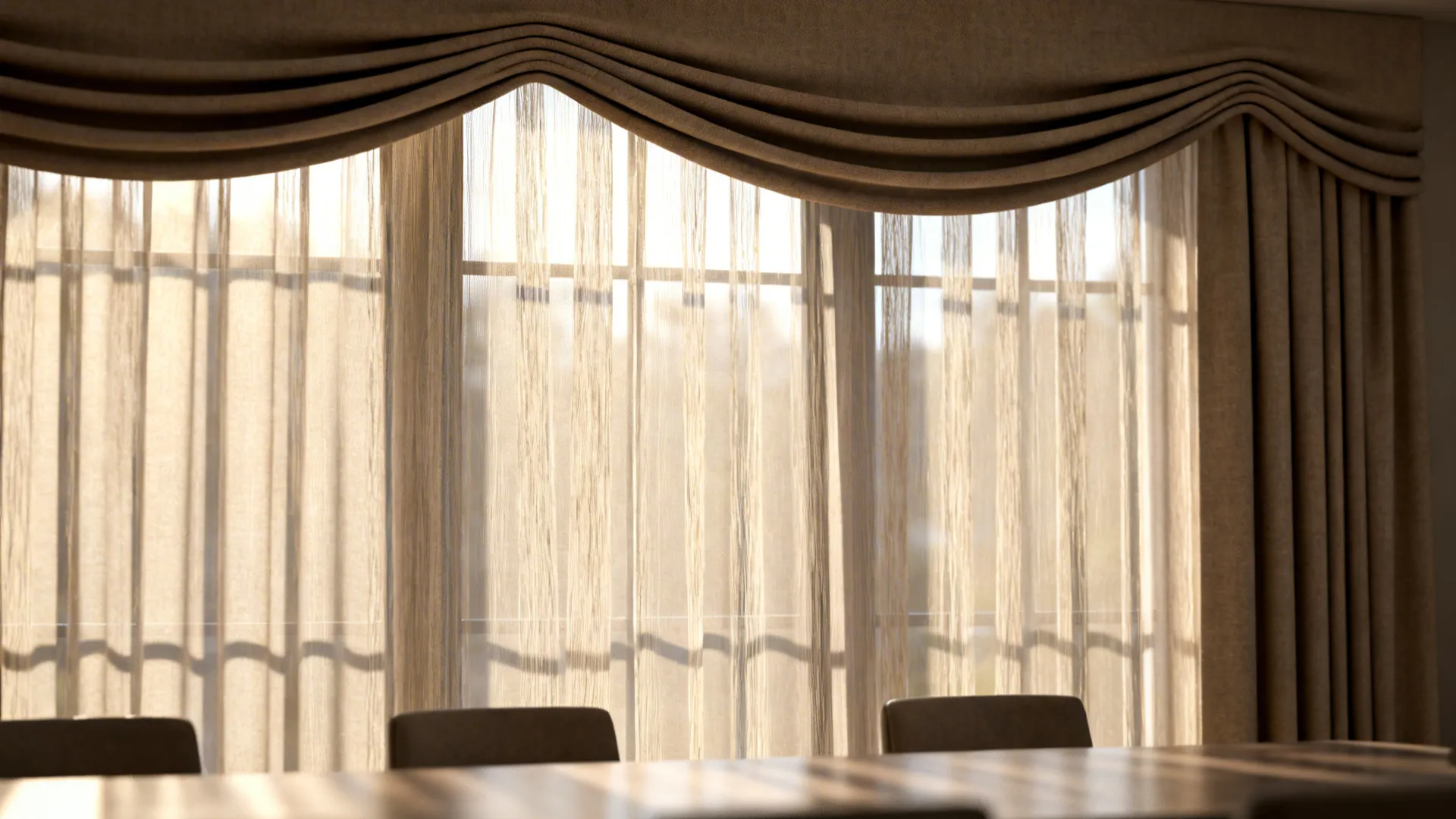 Close view of windows with beige curtains and decorative top curtain in the morning sunlight