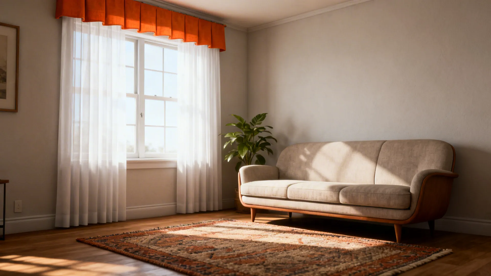 Sunlit living room with orange curtain, white curtains, beige sofa, indoor plant, and patterned rug