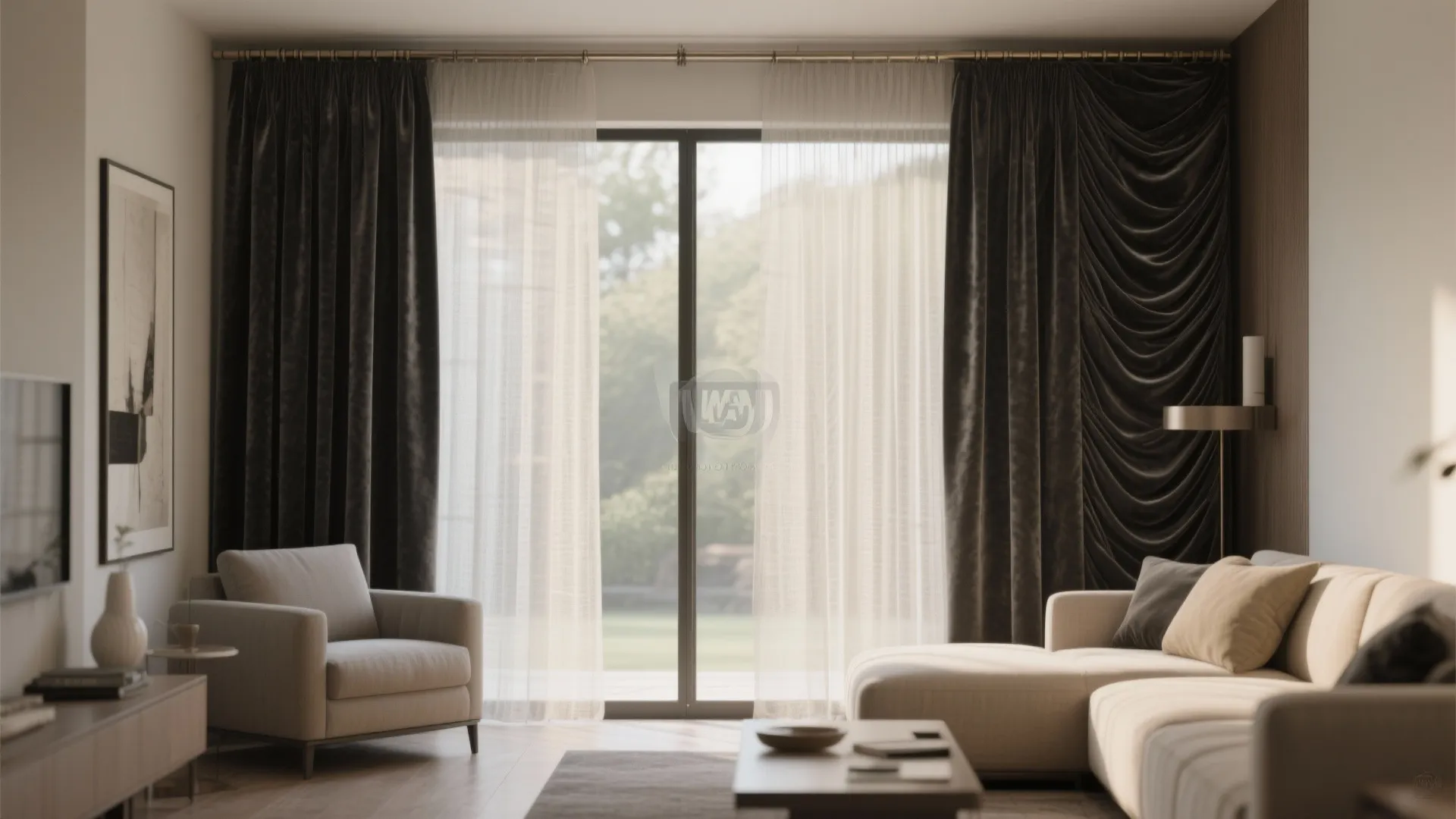 Layered living room curtains with a textured sheer closest to glass and graphite velvet on the room side, mounted on a double track