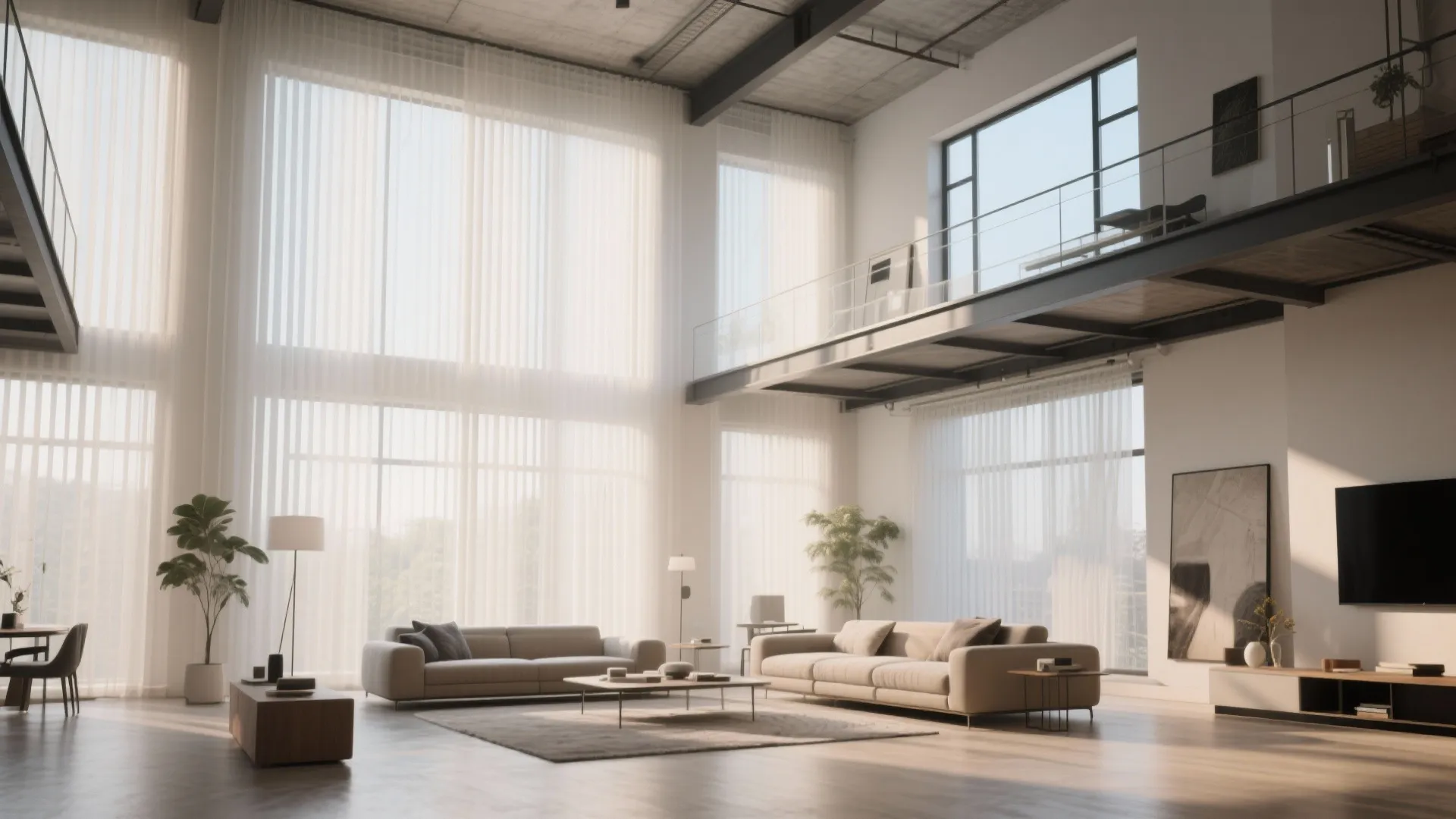 Sheer vertical panels filtering sunlight in a tall loft living room