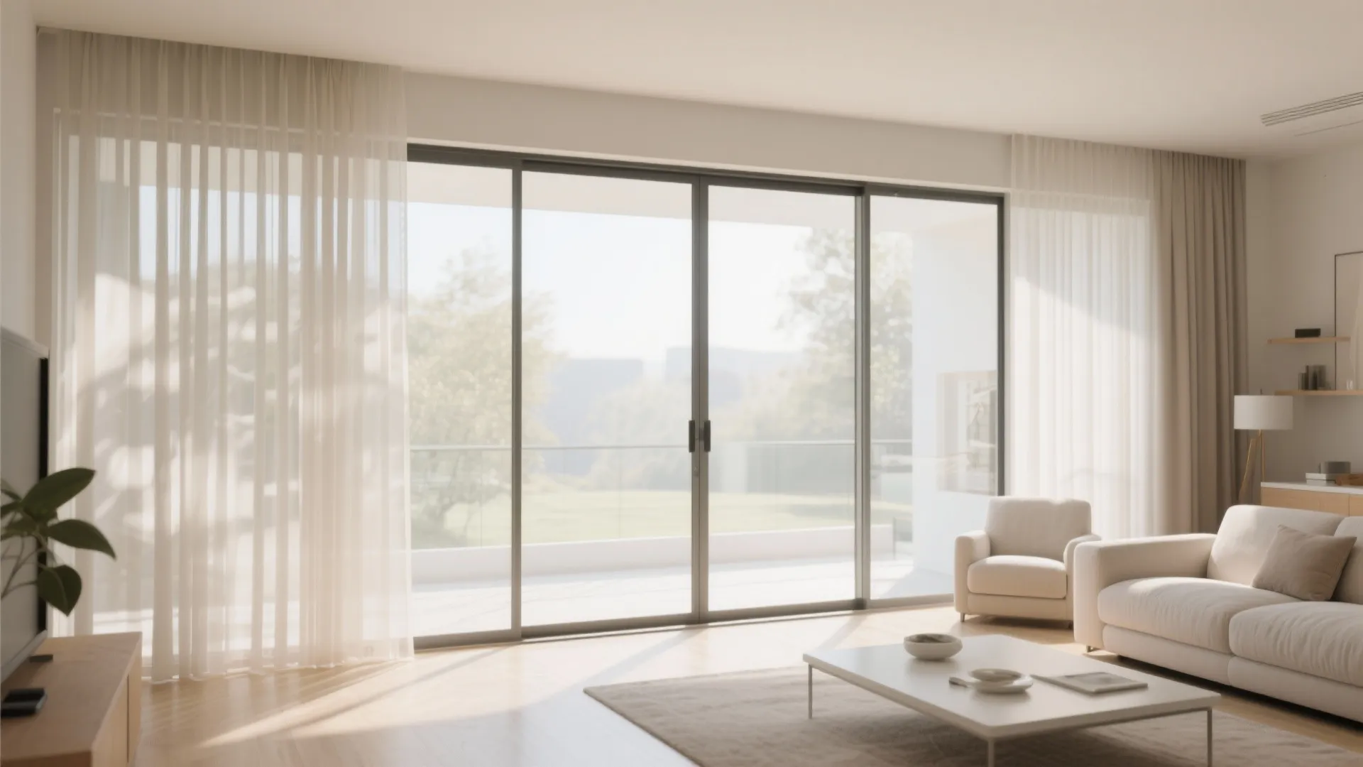 Contemporary living room with soft light through sheer vertical blinds