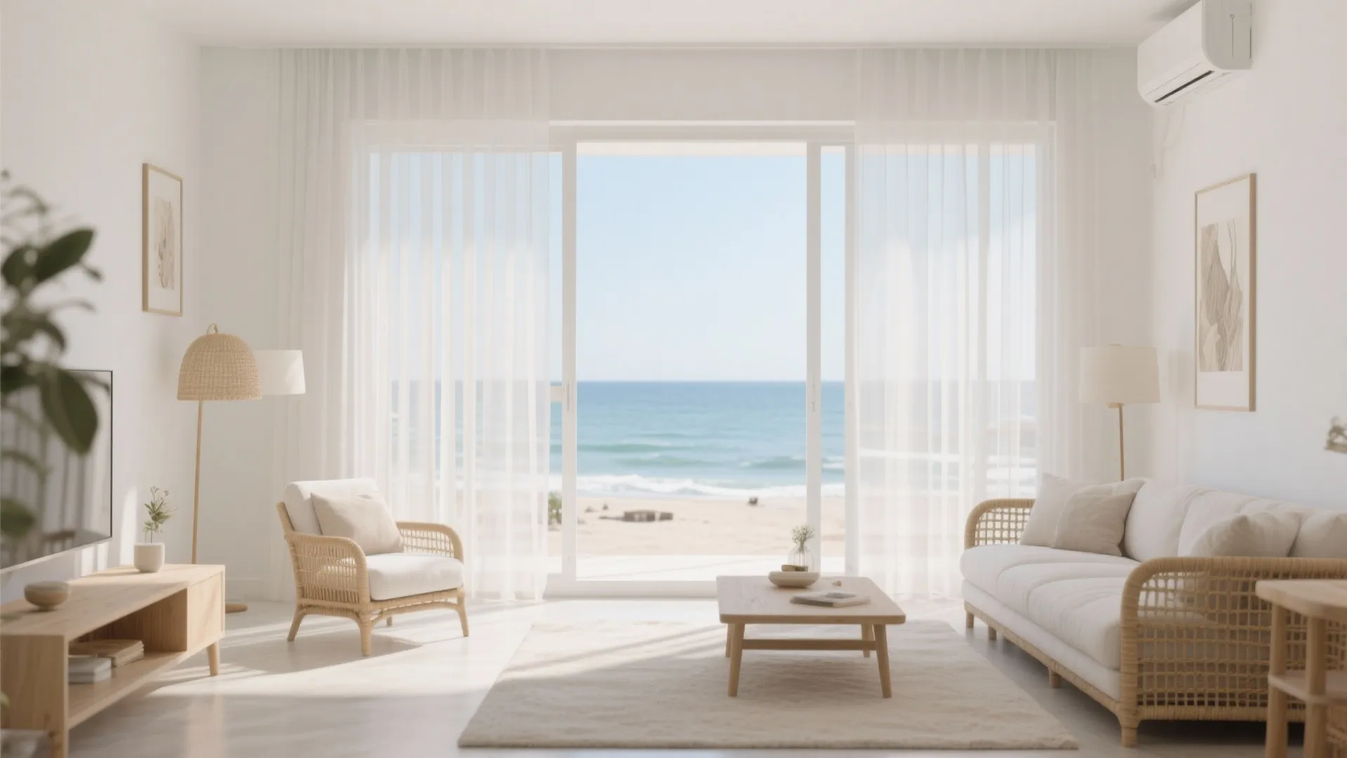 Beachside living room with sheer vertical blinds and an ocean view