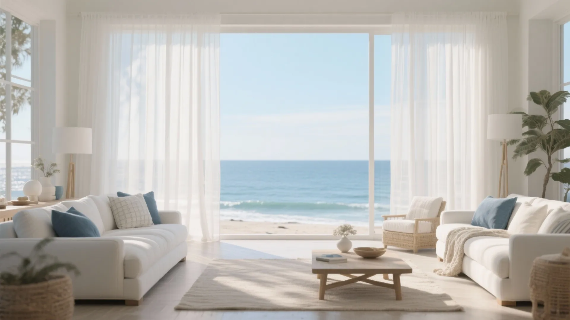 Coastal living room with sheer vertical blinds and ocean view