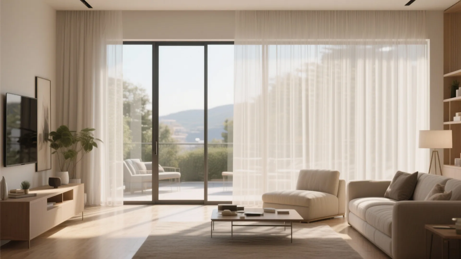 Open-plan living room with sheer vertical panels on sliding doors