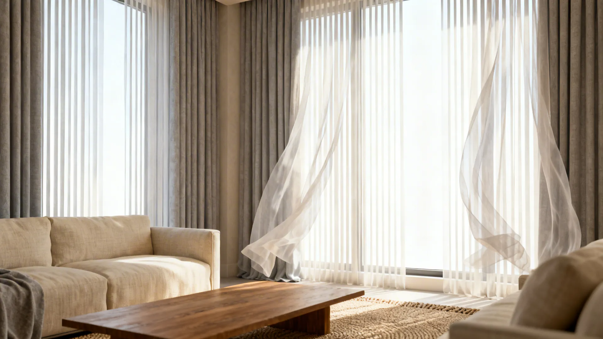 Ceiling-mounted sheer vertical panels softly diffusing daylight in a living room